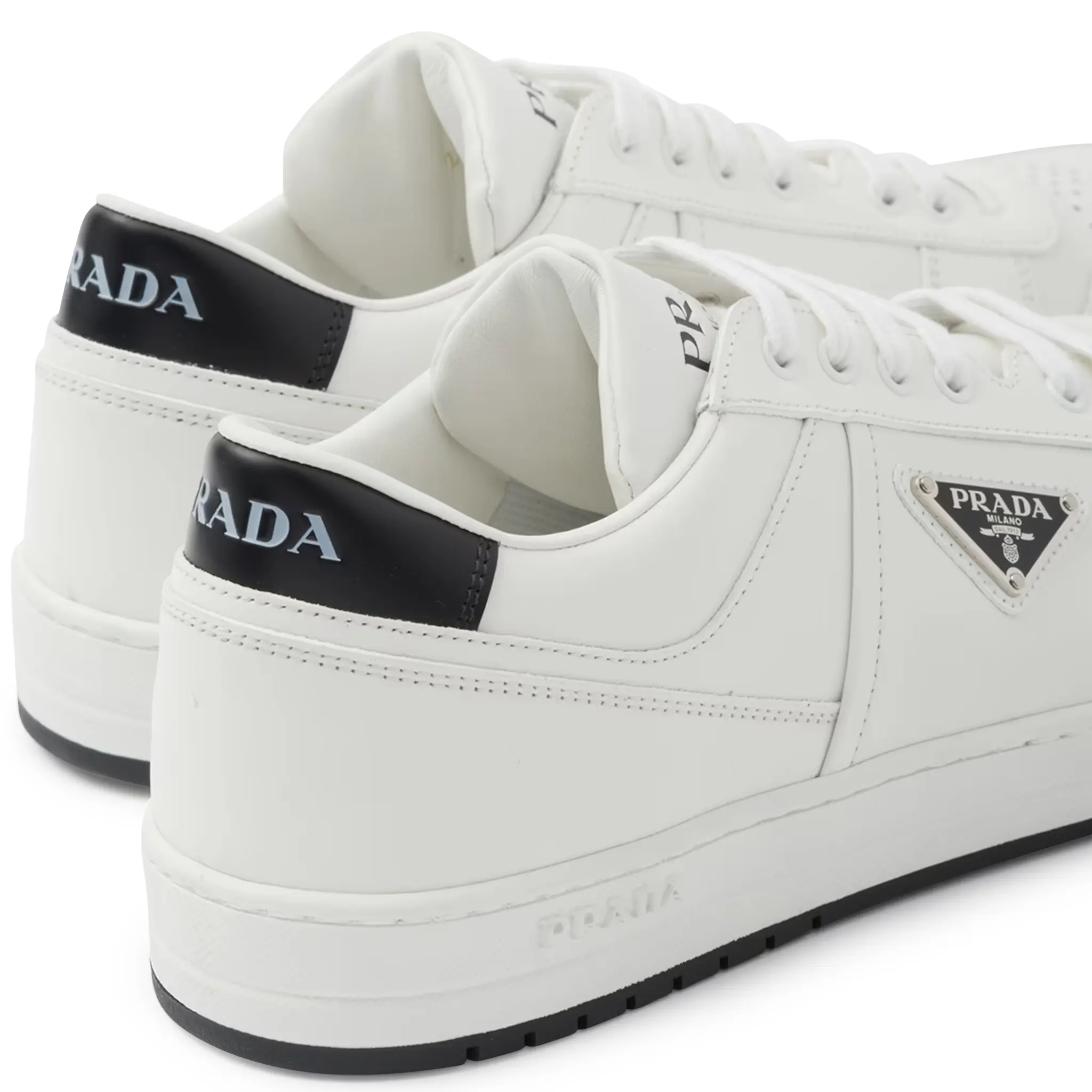Prada Downtown Triangle Logo White Black Sneakers - Stylish Women's Luxury Fashion Shoes for Casual Wear & Everyday Outfits