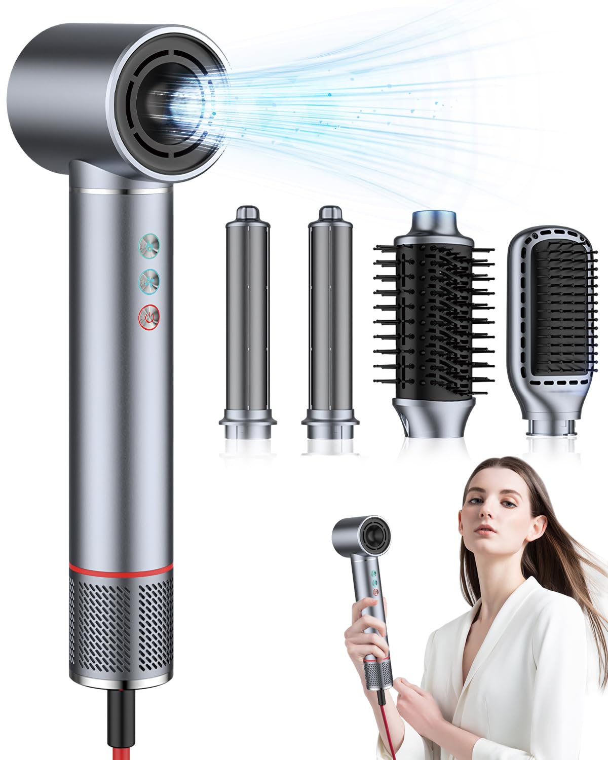 5 in 1 High-Speed Hot Air Styler - 13000 RPM Hair Dryer & Styling System with Hot Air Brush, Curling Wand, Round Brush & Straightener Comb for Voluminous Blowouts | Perfect for Home Use, Travel & Salon-Quality Styling