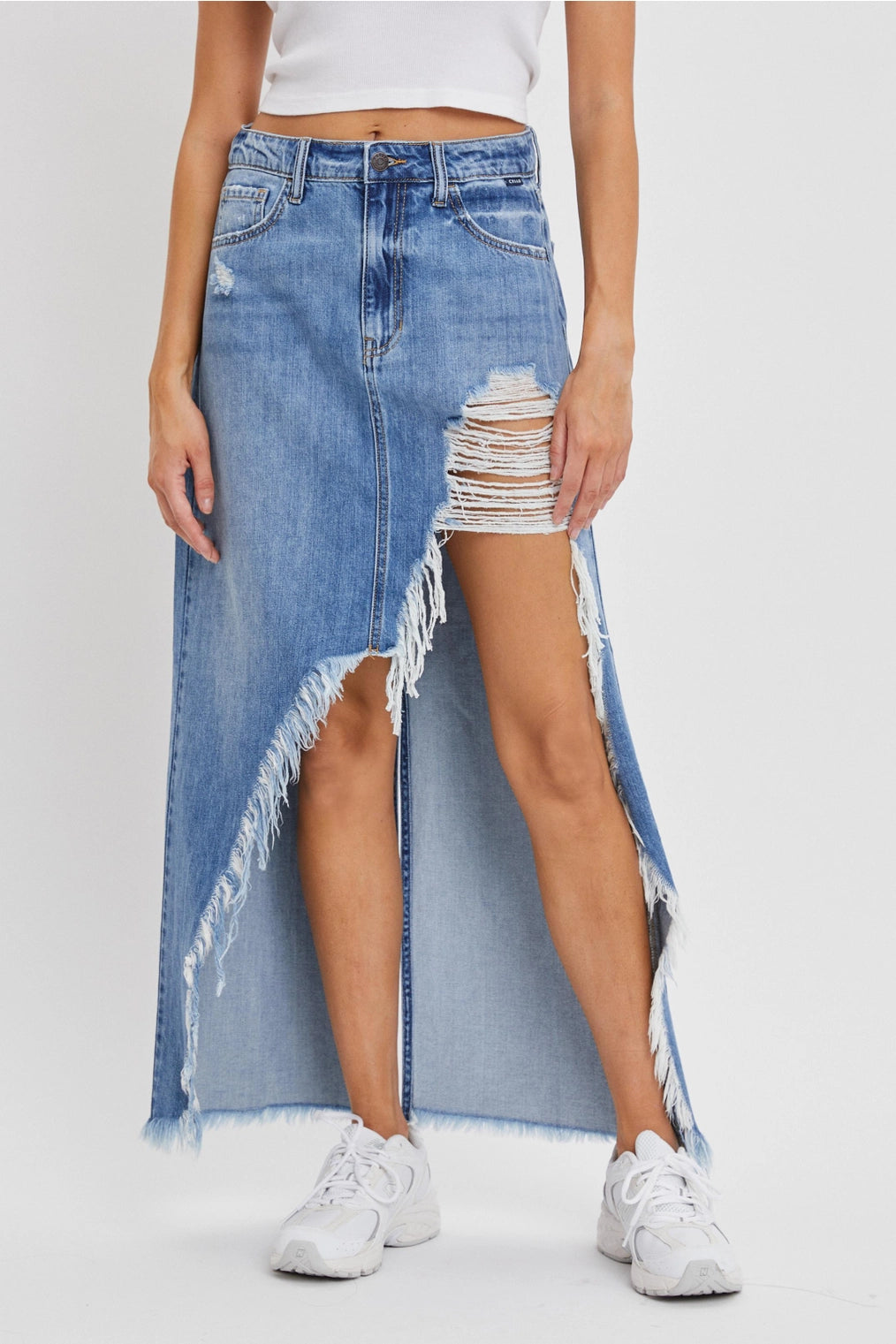 Distressed Denim Slit Skirt for Women - High Waisted Ripped Jeans Skirt with Side Slits - Trendy Vintage Style for Casual Outfits & Streetwear Fashion