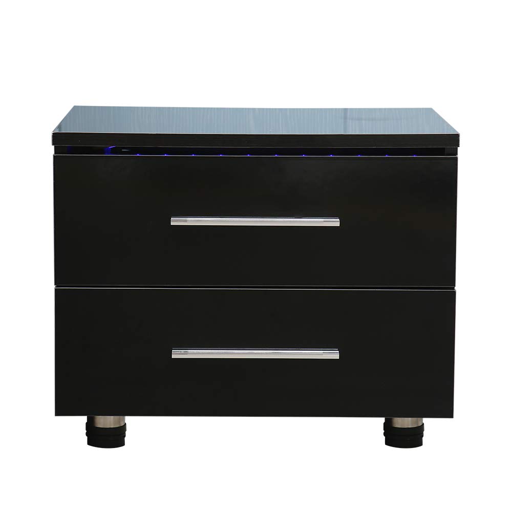 Modern High-Gloss LED Nightstand with 2 Drawers - Black Bedside Table, Coffee Table & Side Table for Bedroom, Living Room & Office - Easy Assembly Storage Dresser for Small Spaces & Apartments
