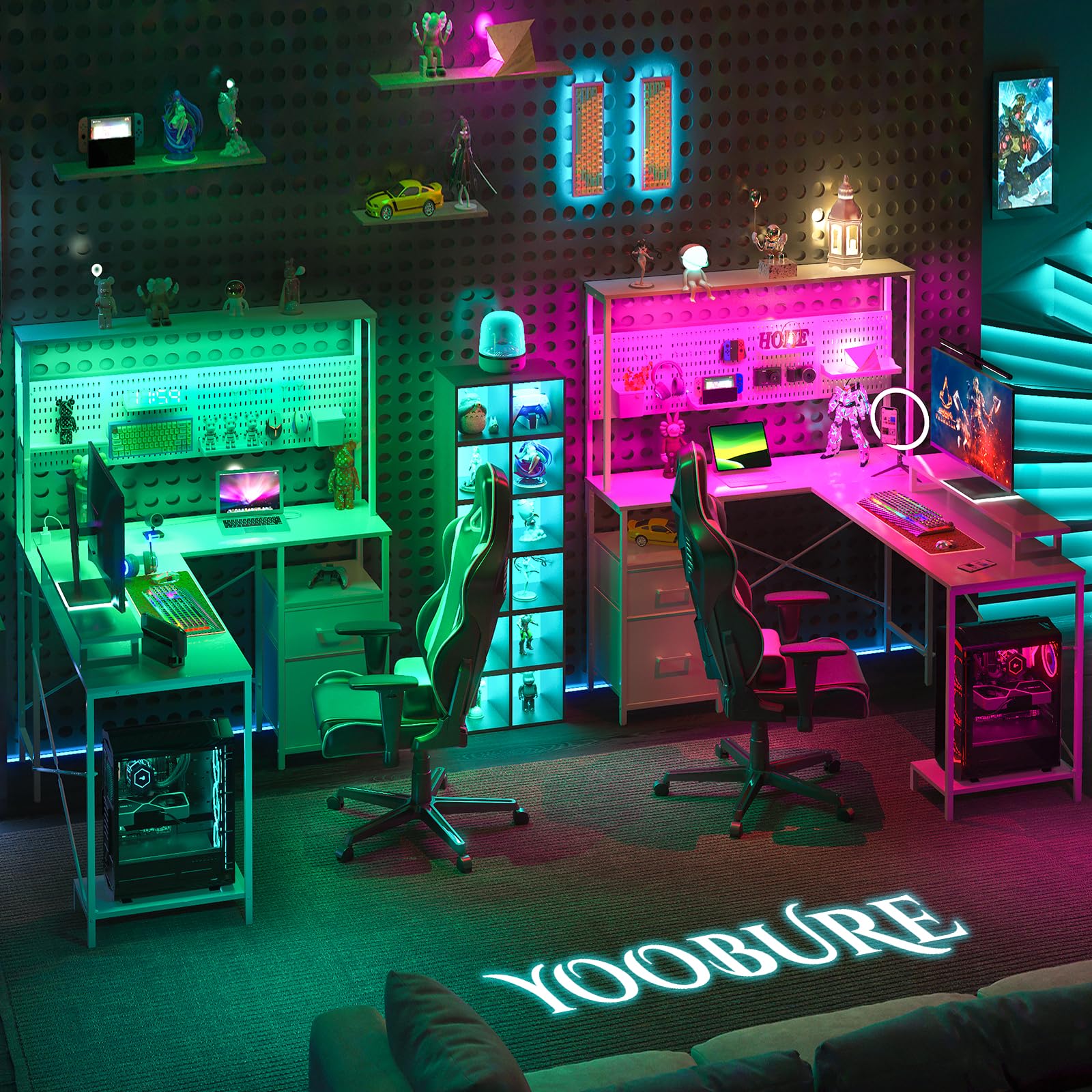 Yoobure L-Shaped Gaming Desk with LED Lights, Power Outlets & Pegboard - Reversible Corner Computer Desk with Drawers, Storage Shelves & Monitor Stand - Perfect for Home Office, Gaming Setup & Workspace Organization
