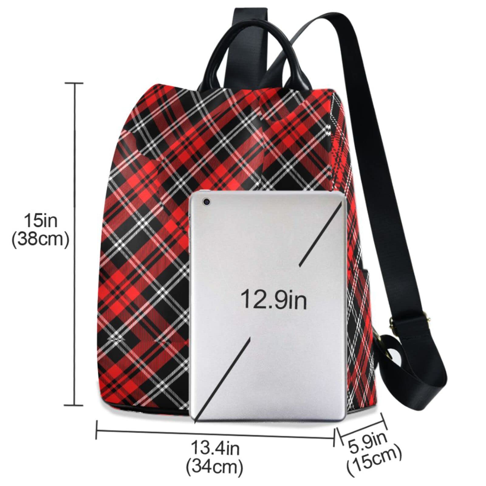 Stylish Plaid Red & Black Anti-Theft Women's Backpack - Lightweight Travel Shoulder Bag for Work, College & Daily Commute | Fashionable Ladies Rucksack with USB Charging Port