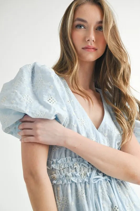 Light Blue Puff Sleeve V-Neck Midi Summer Dress - Flowy Casual Sundress for Beach, Vacation & Date Night