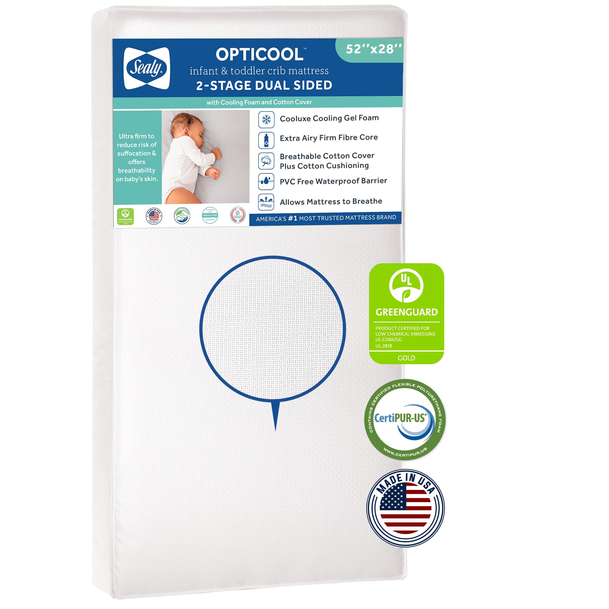 Sealy Baby OptiCool Breathable Waterproof Crib Mattress with Cooling Memory Foam - Non-Toxic, GREENGUARD Gold Certified, Airy Cotton Cover - Fits Toddler Beds (52