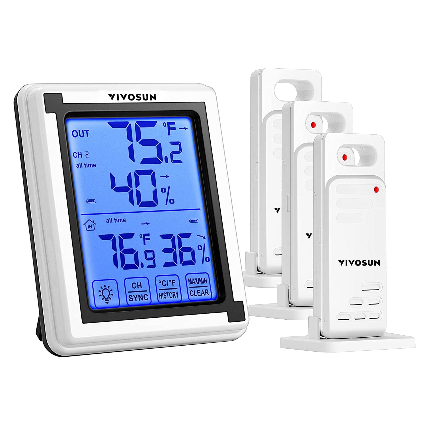 VIVOSUN Digital Thermometer Hygrometer with 3 Wireless Sensors - Indoor Outdoor Temperature Humidity Monitor, LCD Touchscreen Backlight, 200ft Range, Battery Included - Perfect for Home, Greenhouse, Nursery & Warehouse Monitoring