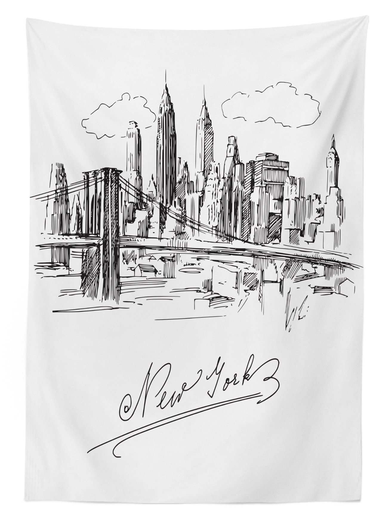 Lunarable NYC Outdoor Tablecloth - New York City Skyline Monochrome Sketch Design, Washable Picnic Table Cover 58x104 Inches, Black & White - Perfect for Outdoor Dining, Picnics, BBQs and Patio Decor