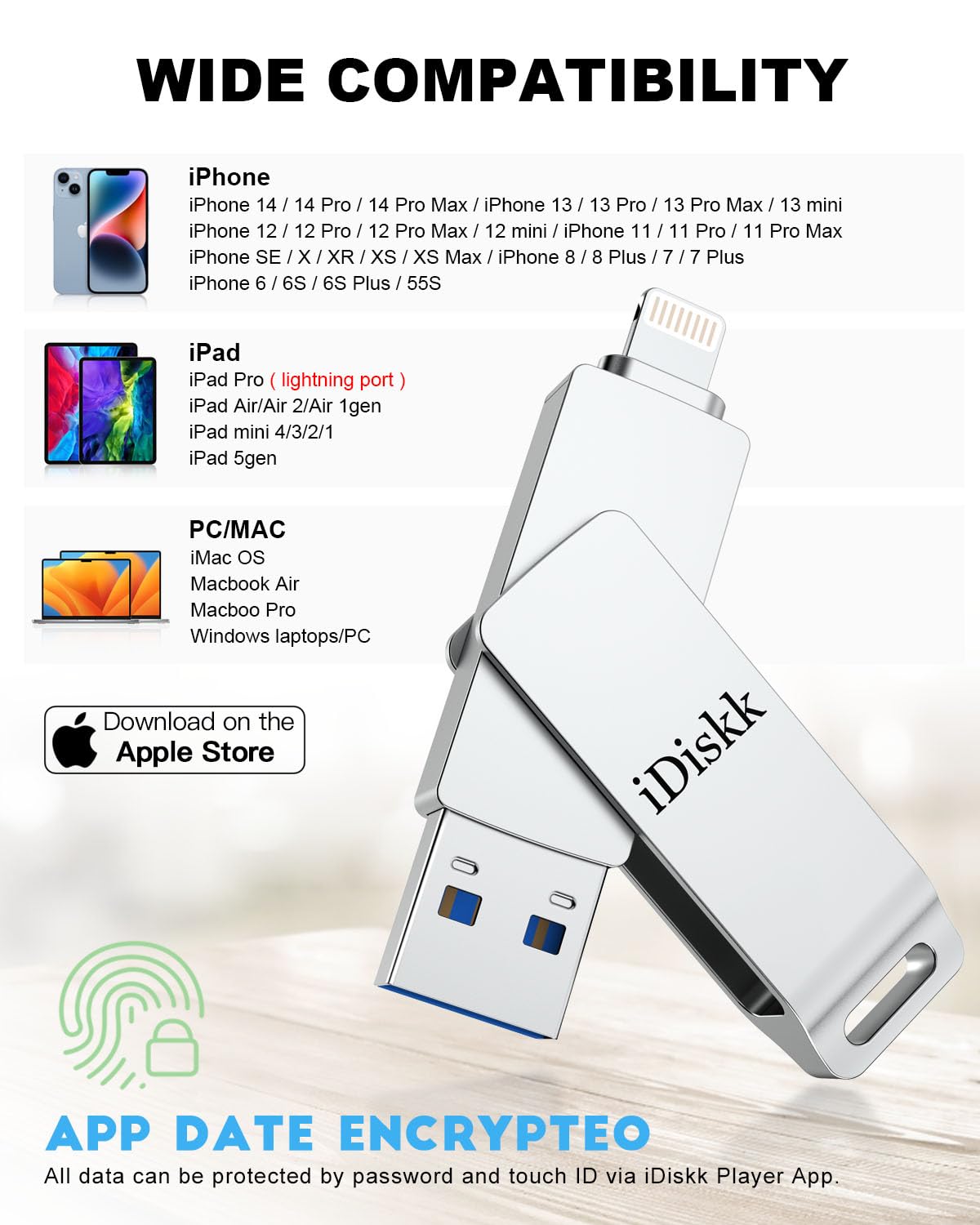 iDiskk MFi Certified 931GB Photo Stick - USB 3.0 Flash Drive with Lightning Connector for iPhone iPad - External Memory Storage for Photos, Videos & Files - Compatible with iOS, Mac & PC - Perfect for Travel, Backup & File Transfer
