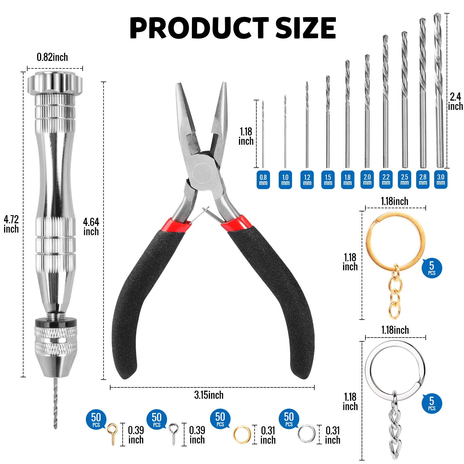 LEOBRO 222 PCS Hand Drill Kit with Pin Vise, Drill Bits (0.8mm-3mm), Needle Nose Pliers - Jewelry Making & Keychain Crafting Tools for DIY Projects, Woodworking, and Small Hole Drilling