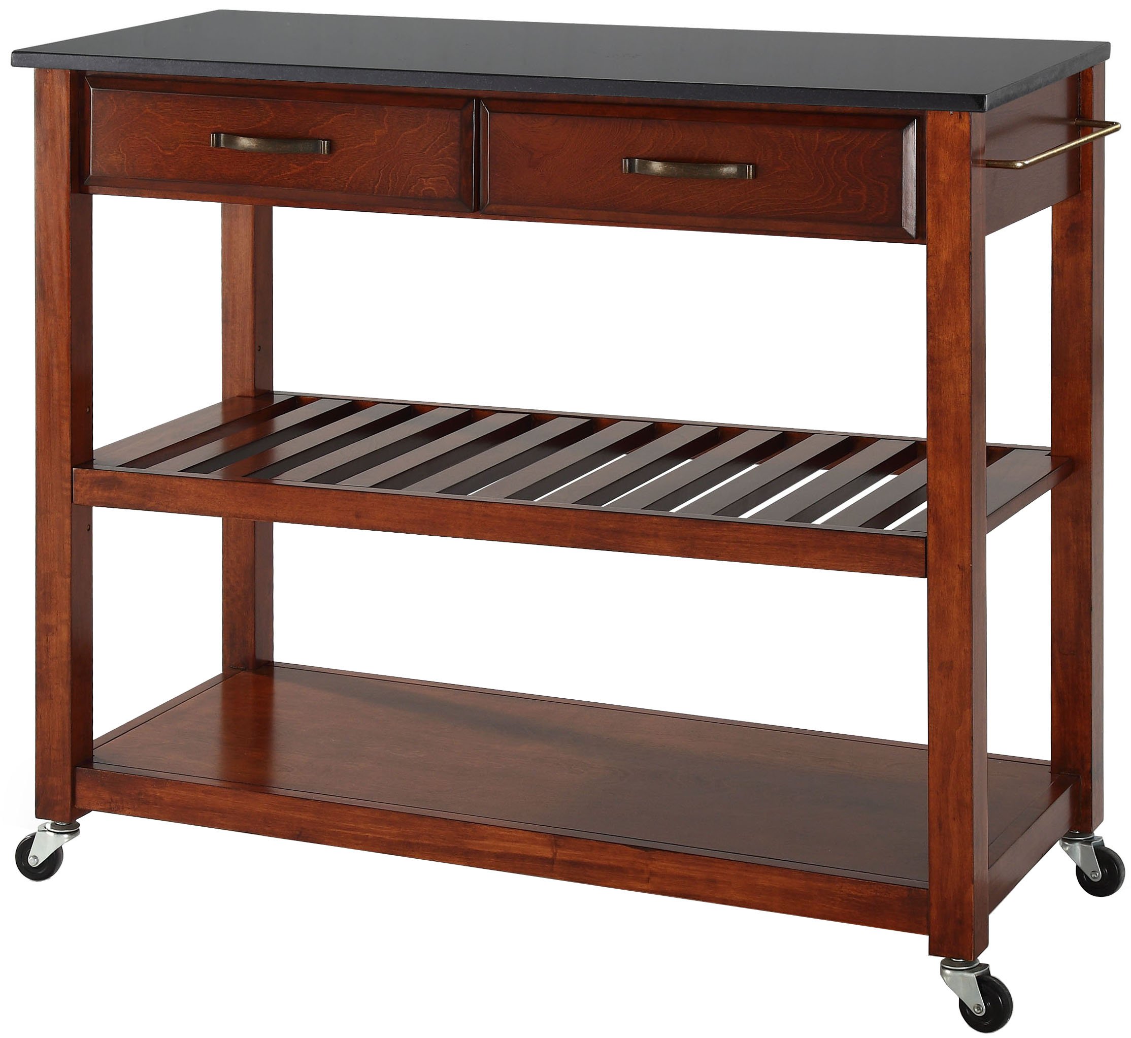 Crosley Granite Top Kitchen Cart with Shelves - Microwave Stand, Coffee Bar, Prep Station - Cherry Finish for Small Spaces & Apartment Living