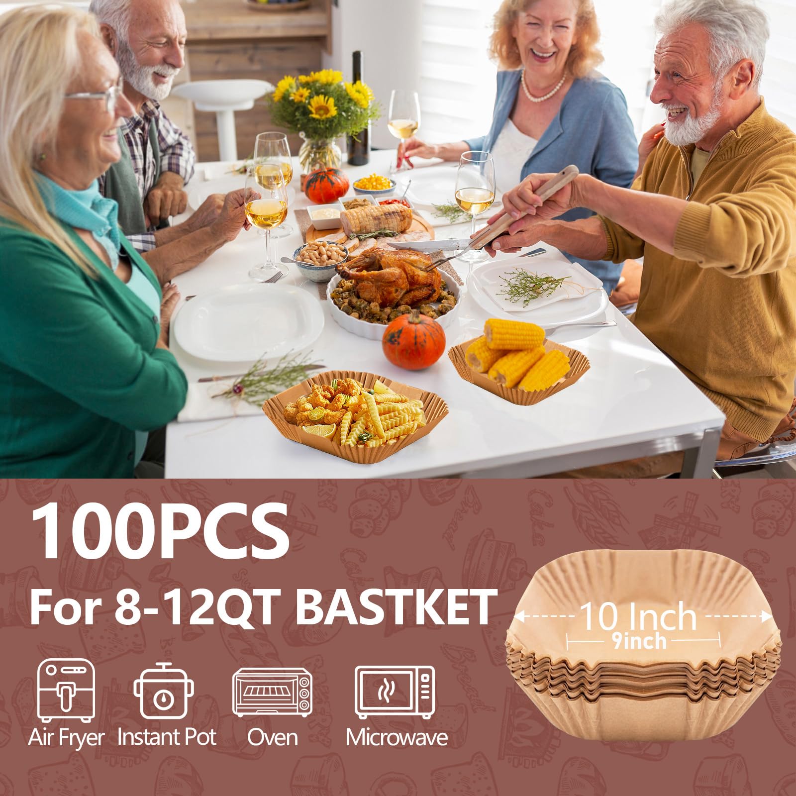 UBeesize 10-Inch Air Fryer Paper Liners - 100 PCS Non-Stick Parchment Sheets for Air Fryers & Microwave Safe - Bleach-Free Square Basket Liners (9-Inch Bottom) - Perfect for Quick Meals, Healthy Cooking & Easy Cleanup