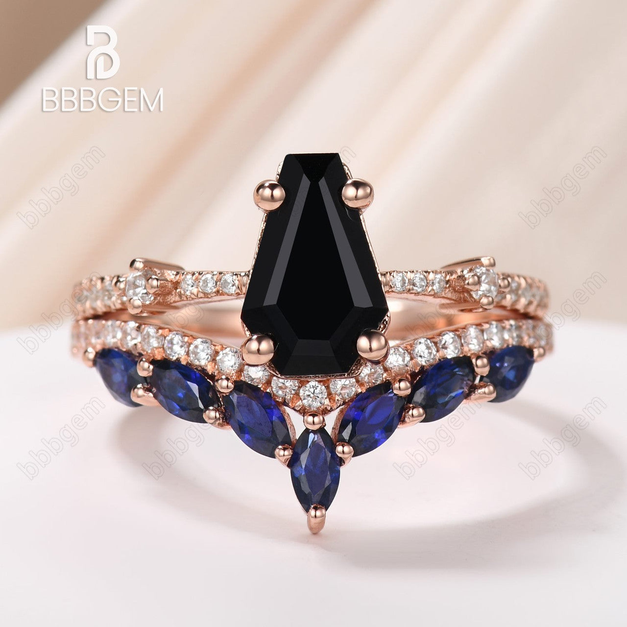Unique Coffin Shaped Wedding Ring Set - 14k Rose Gold Black Onyx Ring & Marquise Cut Blue Sapphire Band - Gothic Anniversary Gift for Couples - Perfect for Dark Romance Weddings, Gothic Proposals & Alternative Jewelry Lovers