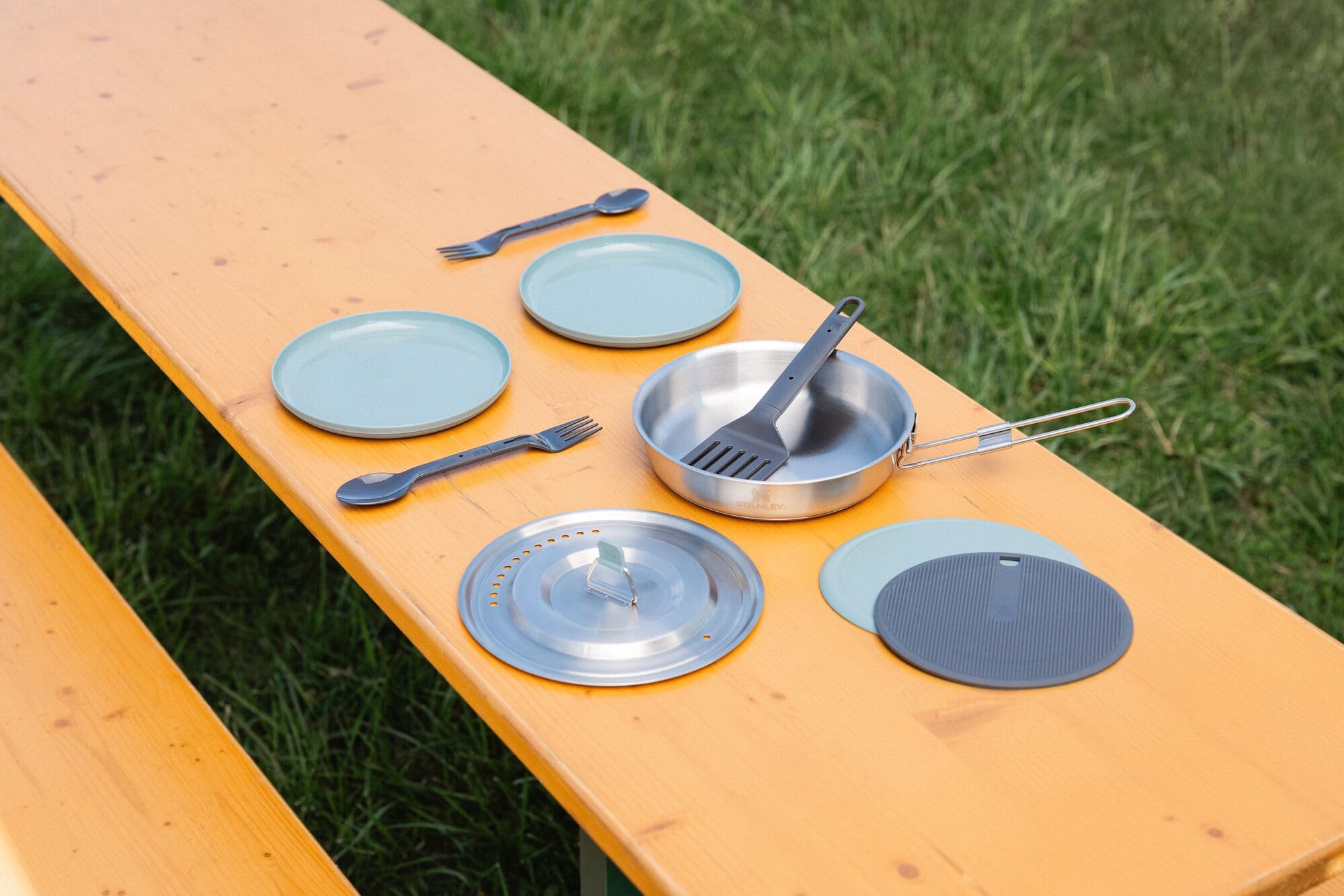 Stanley Wildfare Core 12-Piece Stainless Steel Camping Cookware Set with 1 Quart Fry Pan, Plates, Utensils & Spatula | Fold & Lock Handle | BPA-Free | Perfect for Outdoor Camping, Picnics & RV Trips