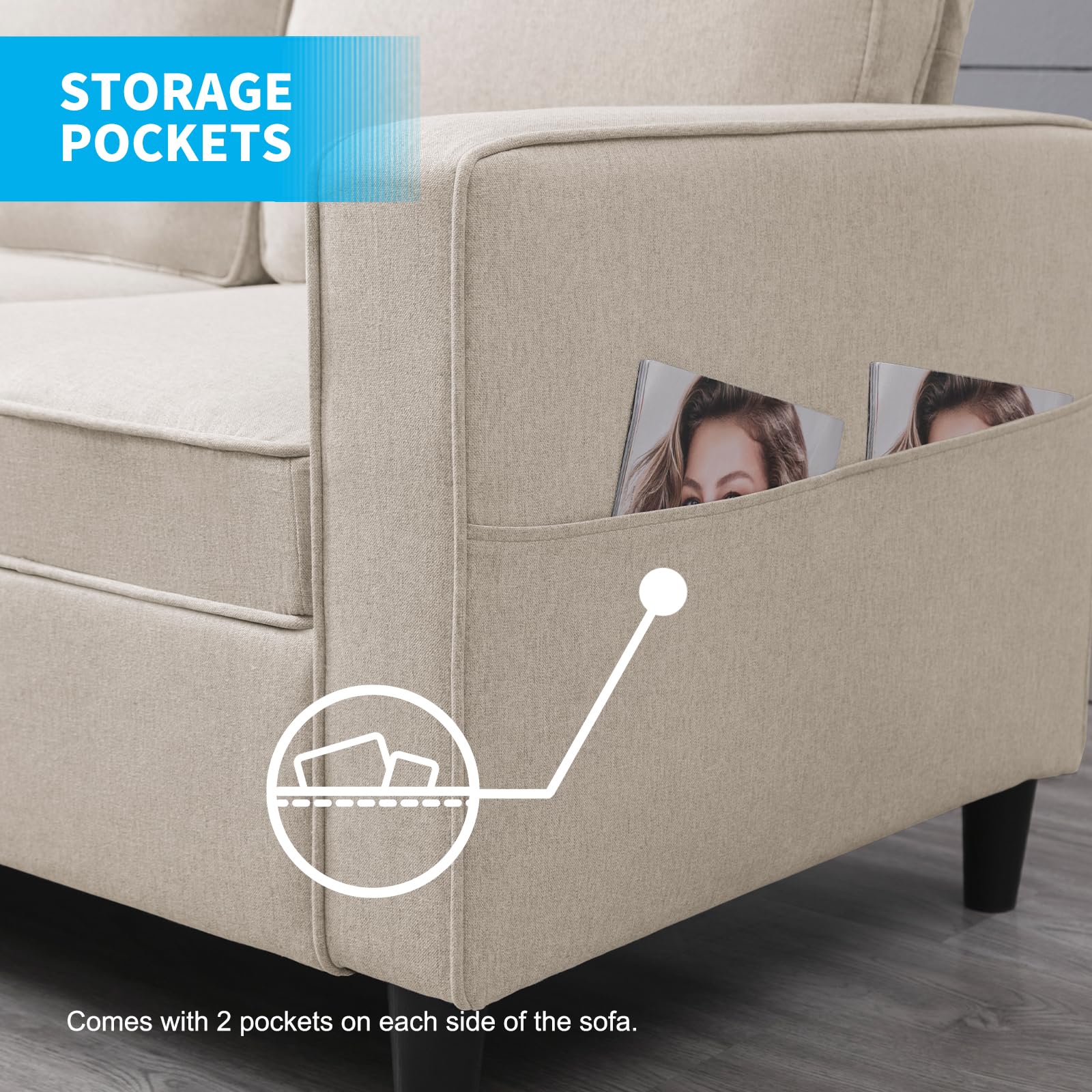 Modern L-Shaped Sectional Sofa with Chaise and Storage - 2-Piece Modular Couch Set for Small Spaces, Living Room, Apartment & Bedroom - Beige Fabric - Perfect for Entertaining Guests or Relaxing in Compact Homes