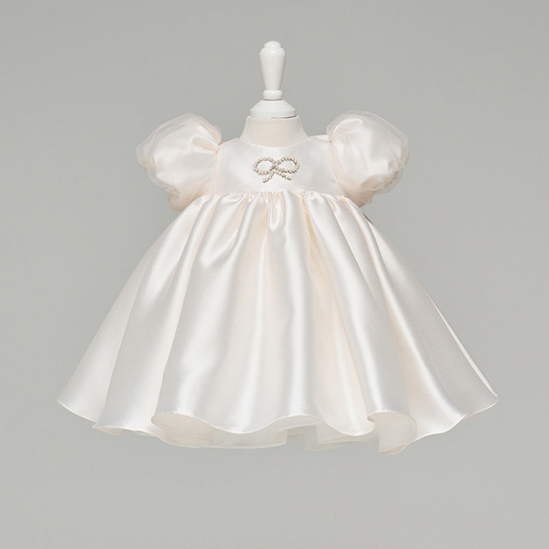 Ivory Satin Flower Girl Dress with Ruffles and Beaded Details - Elegant Flower Girl Attire for Weddings, Baptisms & Special Occasions