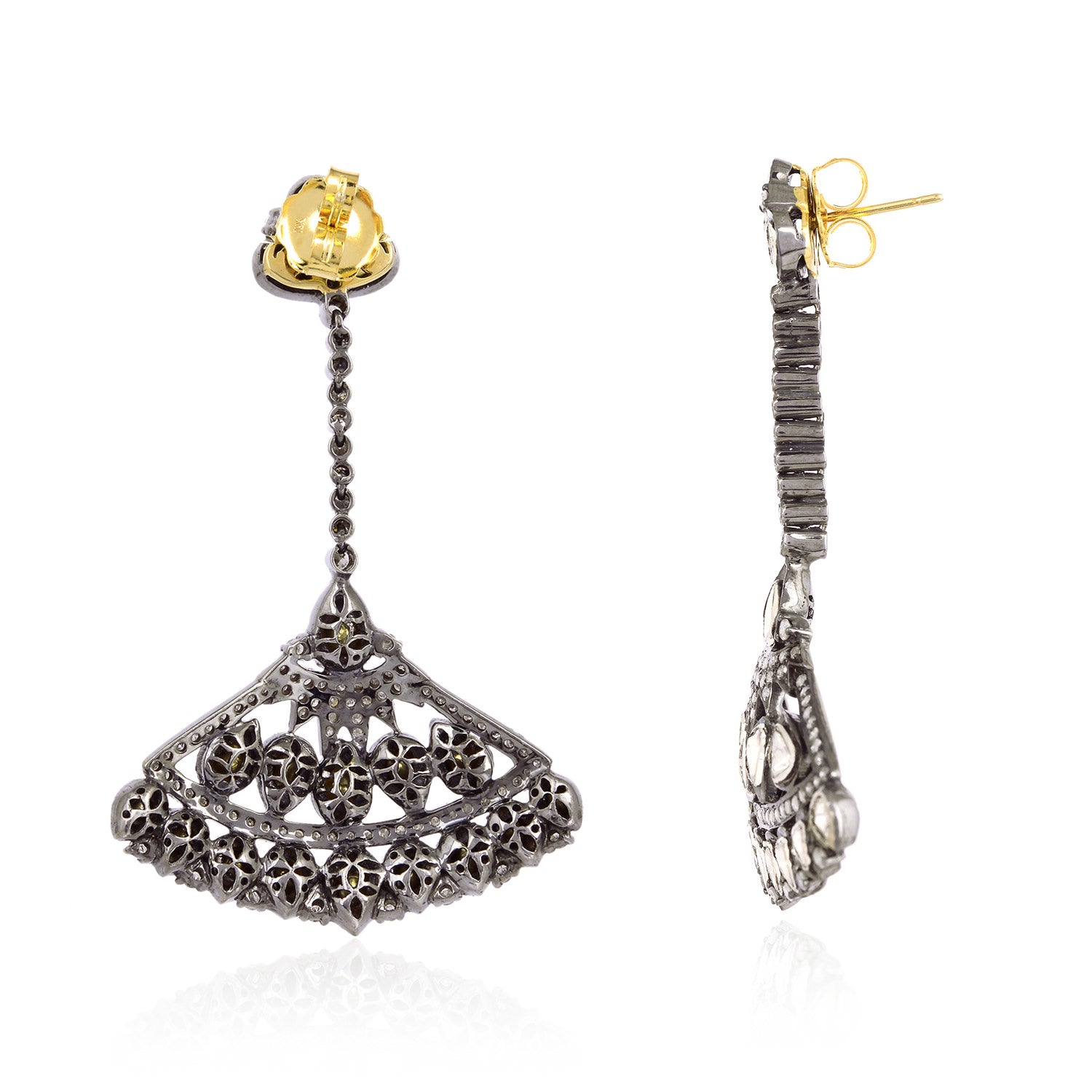 Elegant Fan-Shaped Dangle Drop Earrings with Pave Uncut Diamonds - 18K Gold & Silver Jewelry for Women | Perfect for Weddings, Parties & Special Occasions