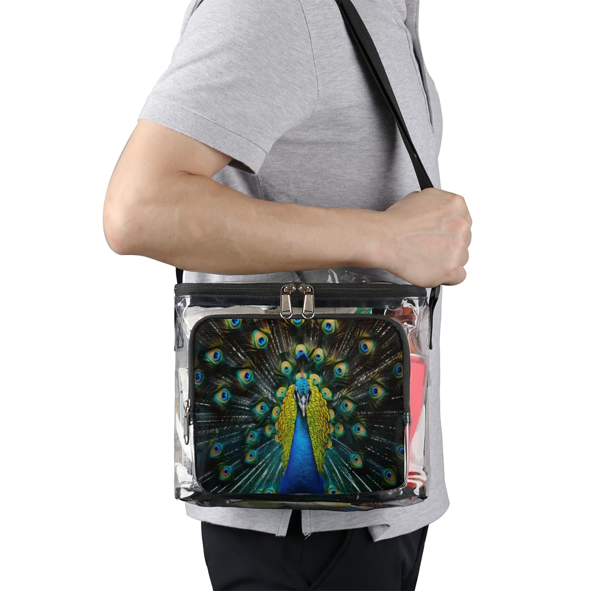 GzLeyigou Transparent Peacock Print Tote Bag with Handles - Clear Shoulder Bag for Women, Fashionable Crossbody Purse for Outdoor, Travel, Picnic, Concerts & Sports Events (Stadium Approved) - Perfect for Beach Days, Music Festivals and Shopping Trips