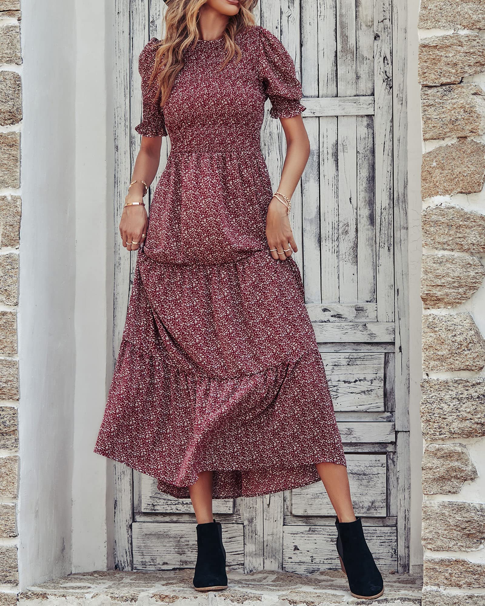 BTFBM Women's Floral Print Boho Maxi Dress - Crew Neck, Ruffle Short Sleeve, Smocked Waist, Flowy Summer Dress for 2025 | Perfect for Beach Vacations, Music Festivals & Boho Chic Outfits
