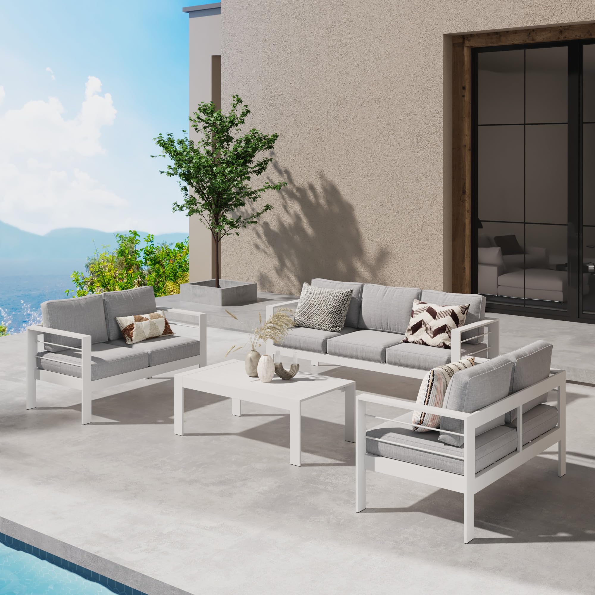 Modern Wisteria Lane Aluminum Outdoor Patio Furniture Set - 5-Piece Metal Sectional Sofa with Cushions & Coffee Table - Light Grey Balcony, Garden, Backyard Conversation Set for Relaxing & Entertaining
