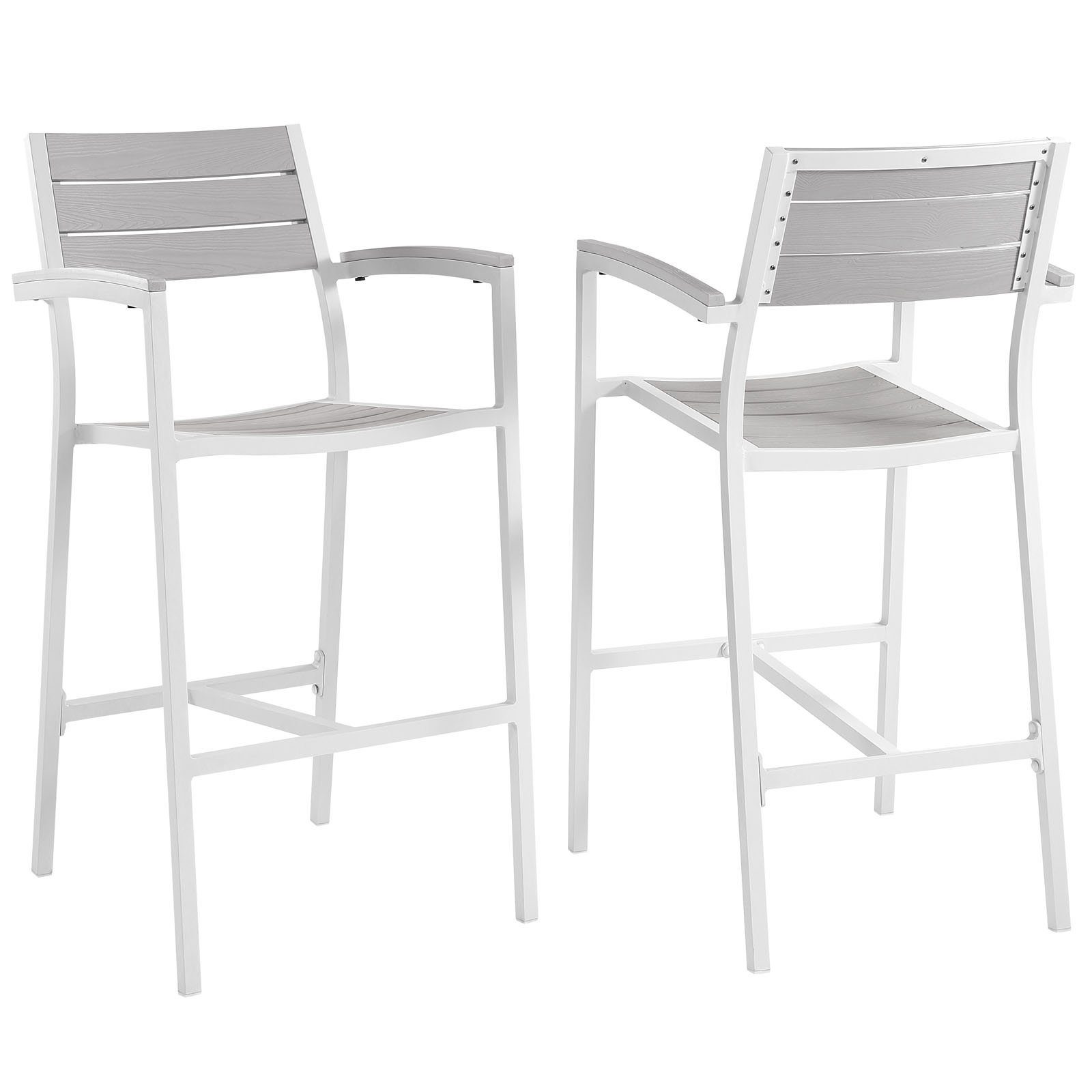 Modway Maine Aluminum Outdoor Patio Bar Stools Set of 2 - White & Light Gray - Weather-Resistant Bar Height Stools for Backyard, Deck, Poolside & Garden Seating