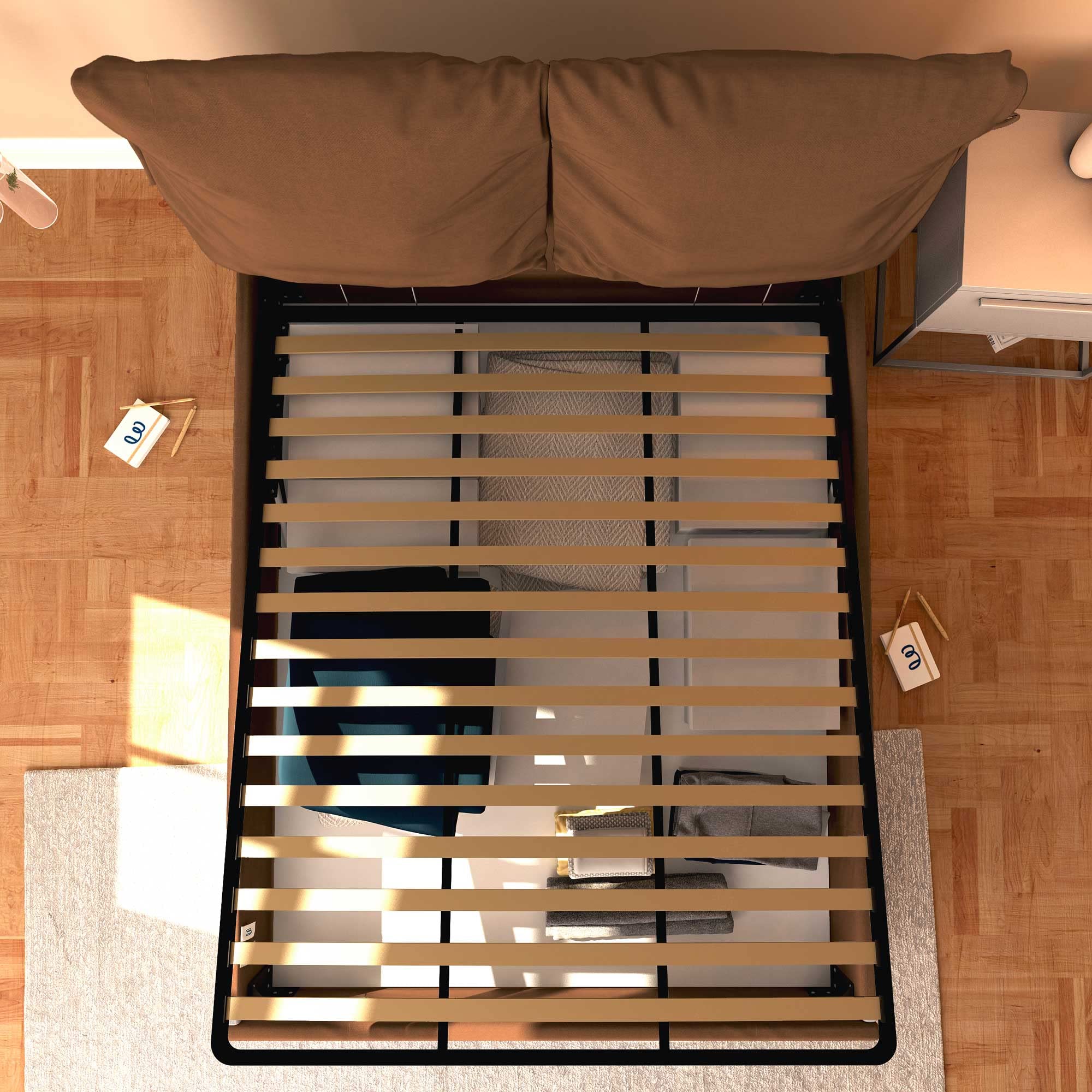 Baldiflex Licia Soft Single Bed with Storage, Synthetic Leather Upholstery, Slatted Base for Single Mattress, 140 x 190 cm, Padded Headboard, Brown - Perfect for Small Bedrooms, Guest Rooms & Studio Apartments