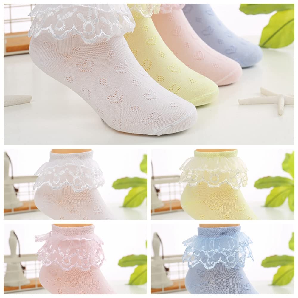 YUEN Girls Lace Ankle Socks - 4 Pack Cute Ruffle Frilly Cotton Socks with Lace Trim | Princess Style Socks for Big Girls | Perfect for School, Parties & Everyday Wear