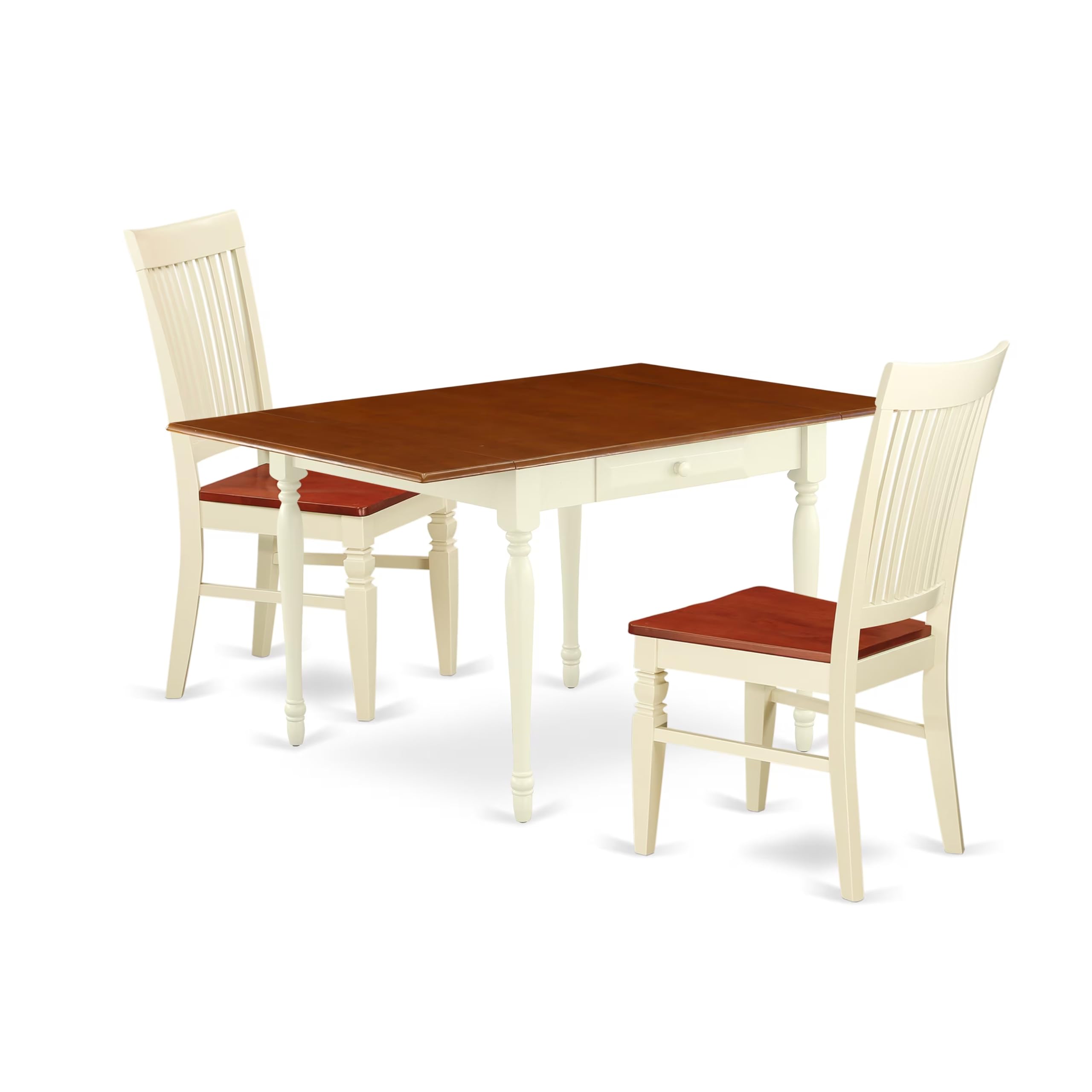 East West Furniture MZWE3-WHI-W 3-Piece Kitchen Table Set for Small Spaces - 36x54 Inch Rectangle Drop Leaf Dining Table with 2 Chairs, Buttermilk & Cherry - Perfect for Apartments, Breakfast Nooks & Cozy Dining Areas