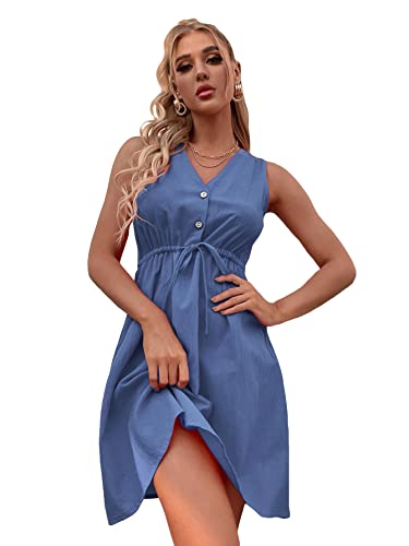 WDIRARA Women's V-Neck Tie-Front A-Line Dress - Button Up Sleeveless Short Summer Dress for Casual, Office & Date Night | Flattering Fit for Outdoor Parties & Beach Vacations