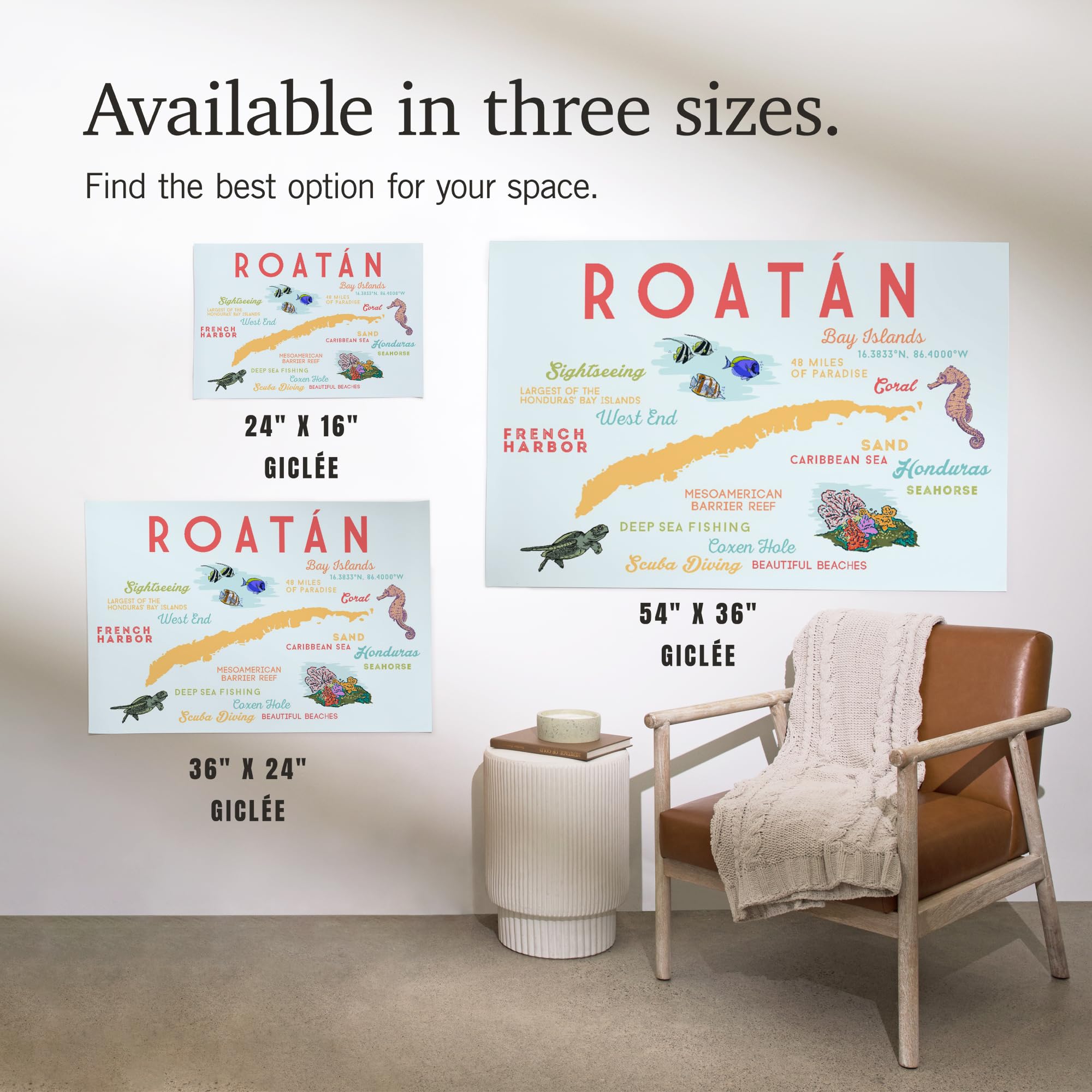 Lantern Press 16x24 Inch Giclee Art Print - Roatan Island Typography & Icon Wall Decor - Perfect for Living Room, Bedroom & Office Decor