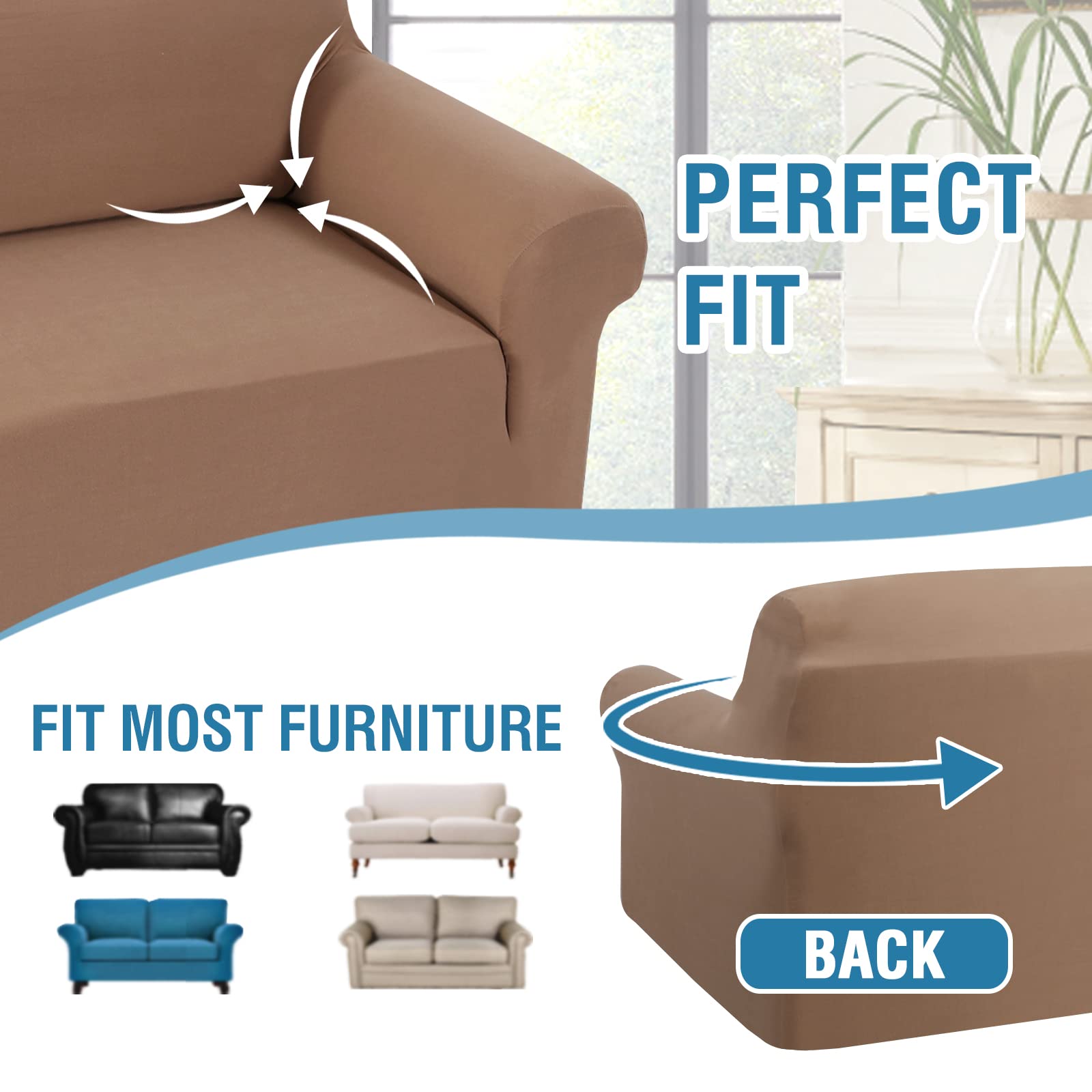 H.VERSAILTEX 2023 Stretch Loveseat Cover - 1-Piece Non-Slip Sofa Cover for 2 Cushion Couches, Spandex Soft Form-Fit Furniture Protector with Elastic Bottom (Loveseat, Camel) - Perfect for Living Room, Office & Home Decor