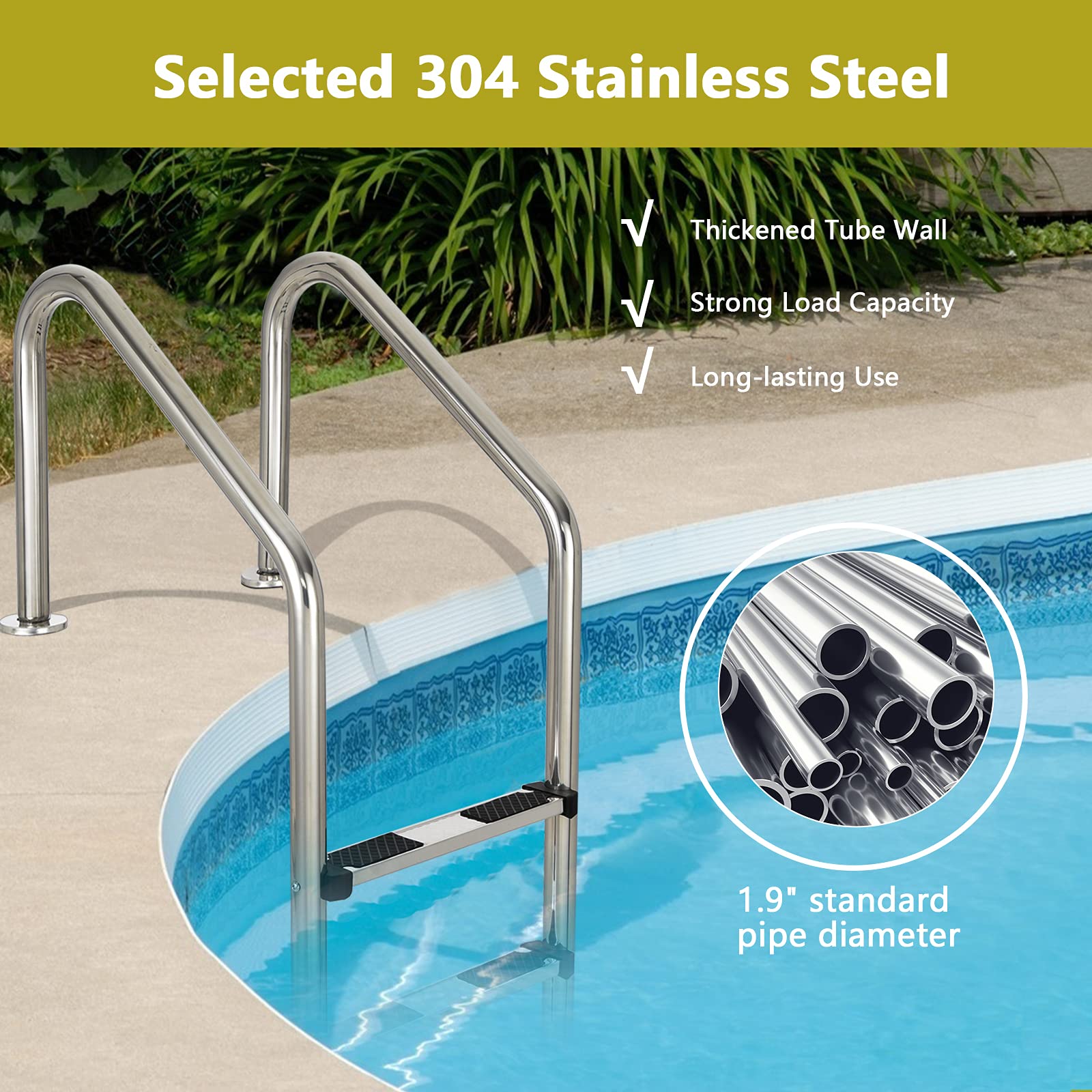Goplus 3-Step Stainless Steel Swimming Pool Ladder for In-Ground Pools | Heavy Duty Non-Slip Design | Easy Assembly | Indoor & Outdoor Use | Perfect for Backyard, Community, and Resort Pools