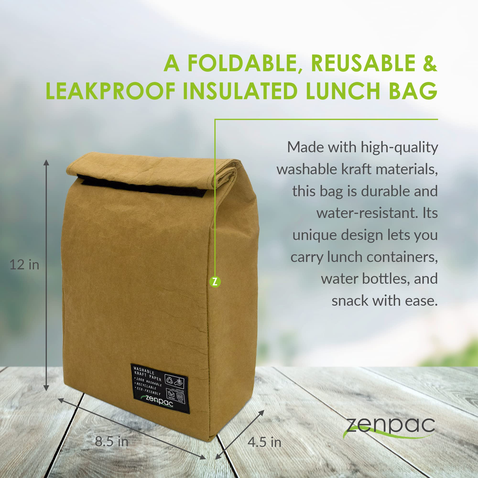 ZENPAC Reusable & Washable Small Brown Lunch Bag - Leakproof Kraft Paper Sack for Work, School, Picnic | Perfect for Food, Beverages, Snacks & Travel | Eco-Friendly Lunch Box (8.5x4.5x12 Inches) - Ideal for Office, Camping, Hiking and Daily Commute