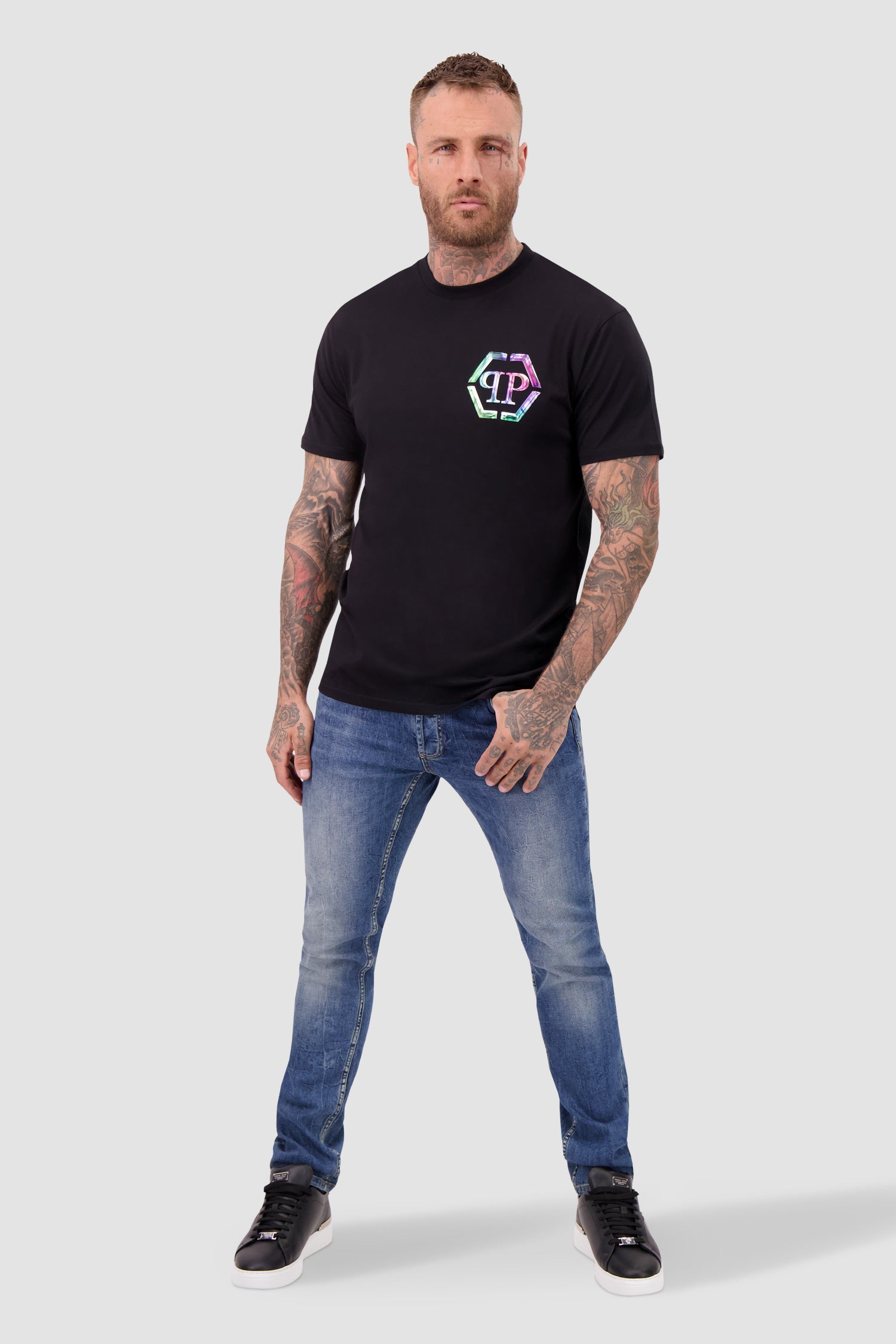 Philipp Plein Black Round Neck Short Sleeve PP Glass Graphic T-Shirt for Men - Casual Streetwear & Night Out Fashion
