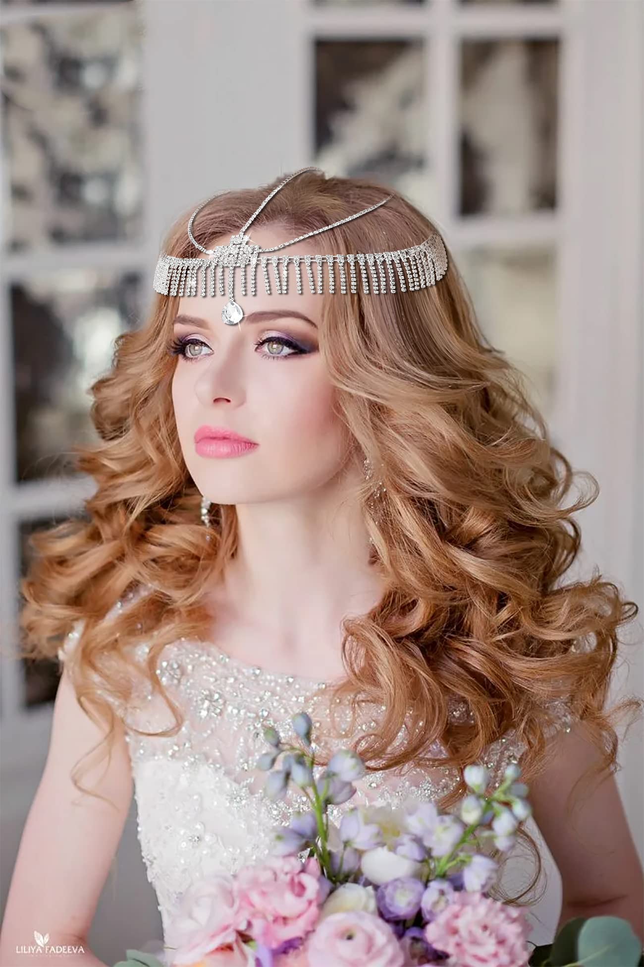 Urieo Silver Layered Rhinestone Head Chain | Crystal Tassel Forehead Jewelry | Bridal Hair Accessories for Women | Perfect for Weddings, Parties & Boho Fashion