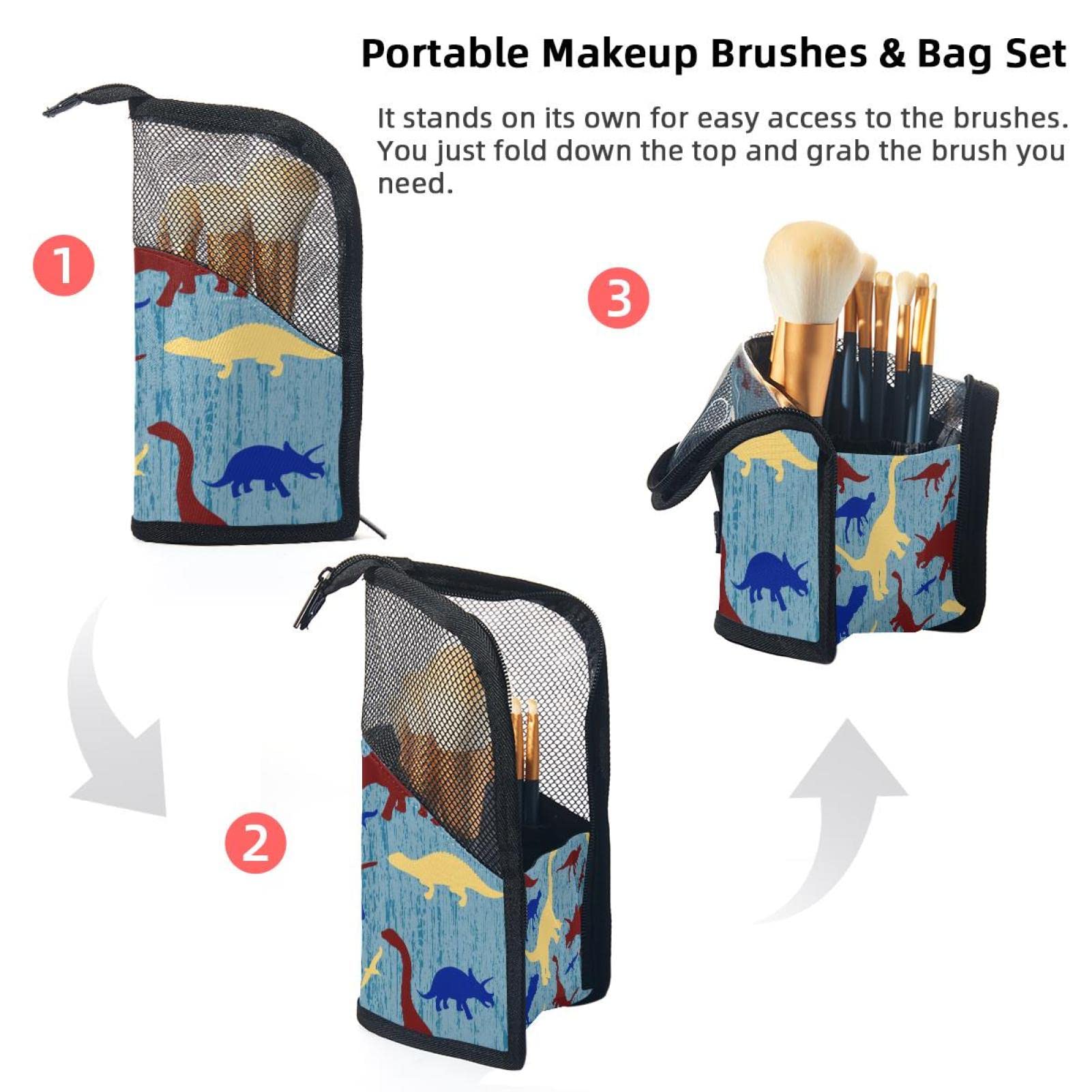 12-Piece Makeup Brush Organizer Bag with Colored Dinosaur Design - Portable Travel Cosmetic Brush Holder Case for Professional & Home Makeup Storage