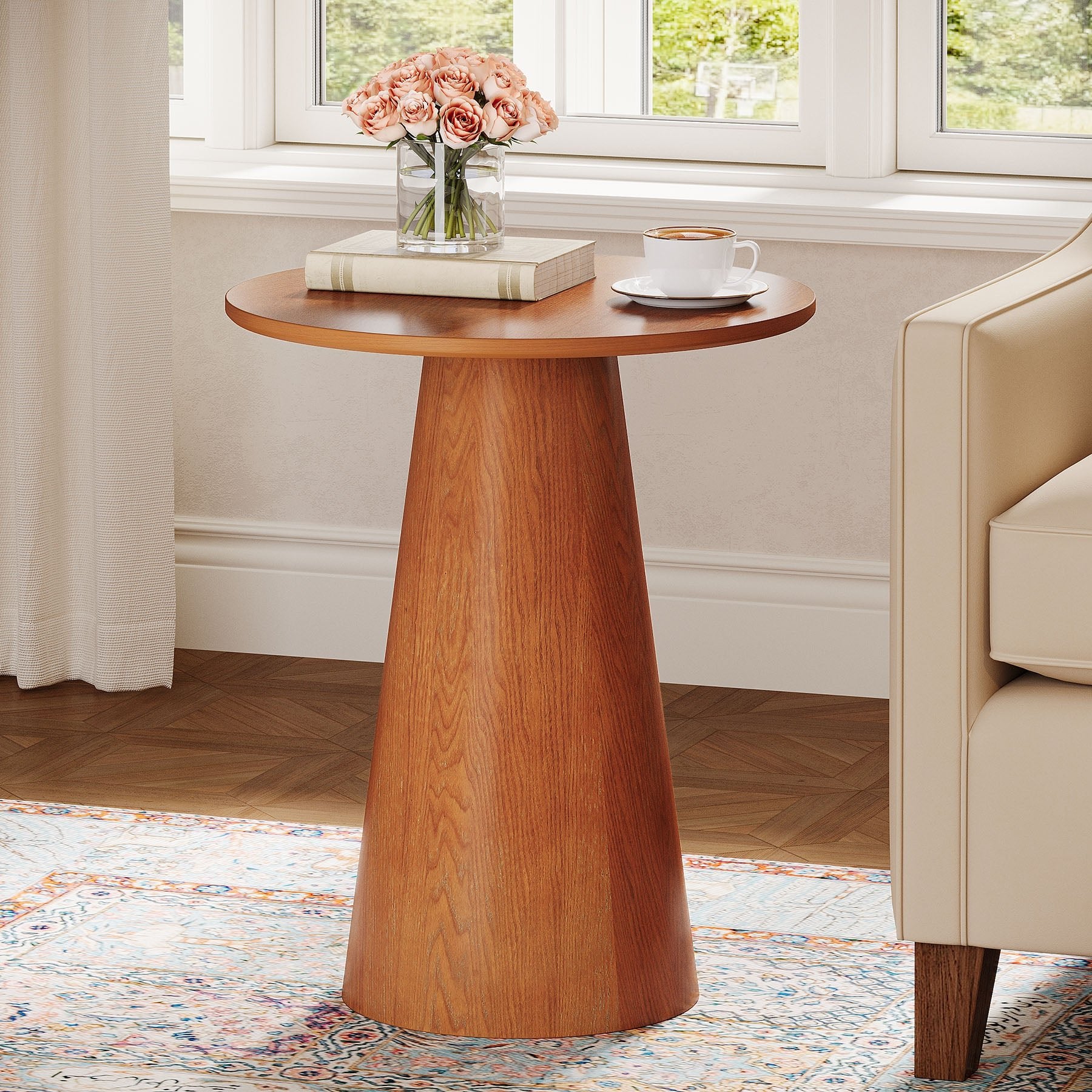Round End Table - Solid Wood Veneer Farmhouse Side Table for Living Room, Bedroom, or Office | Rustic Home Decor Accent Table