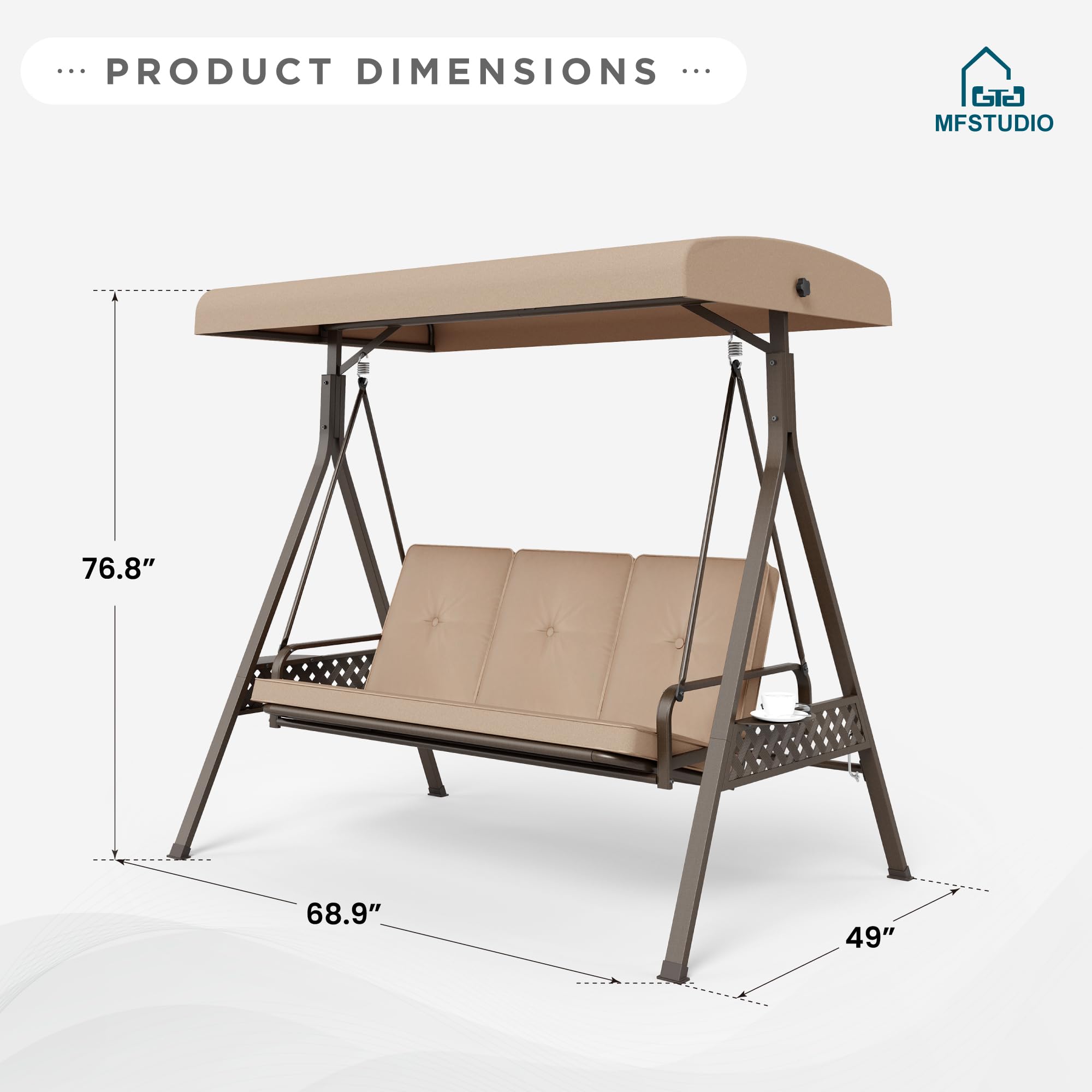 MFSTUDIO 3-Person Outdoor Patio Swing with Canopy & Cushions - Convertible 2-in-1 Porch Swing Bed with Cup Holders - Weather-Resistant 3-Seater Backyard Swing for Adults, Beige - Perfect for Relaxing in Garden, Deck or Poolside