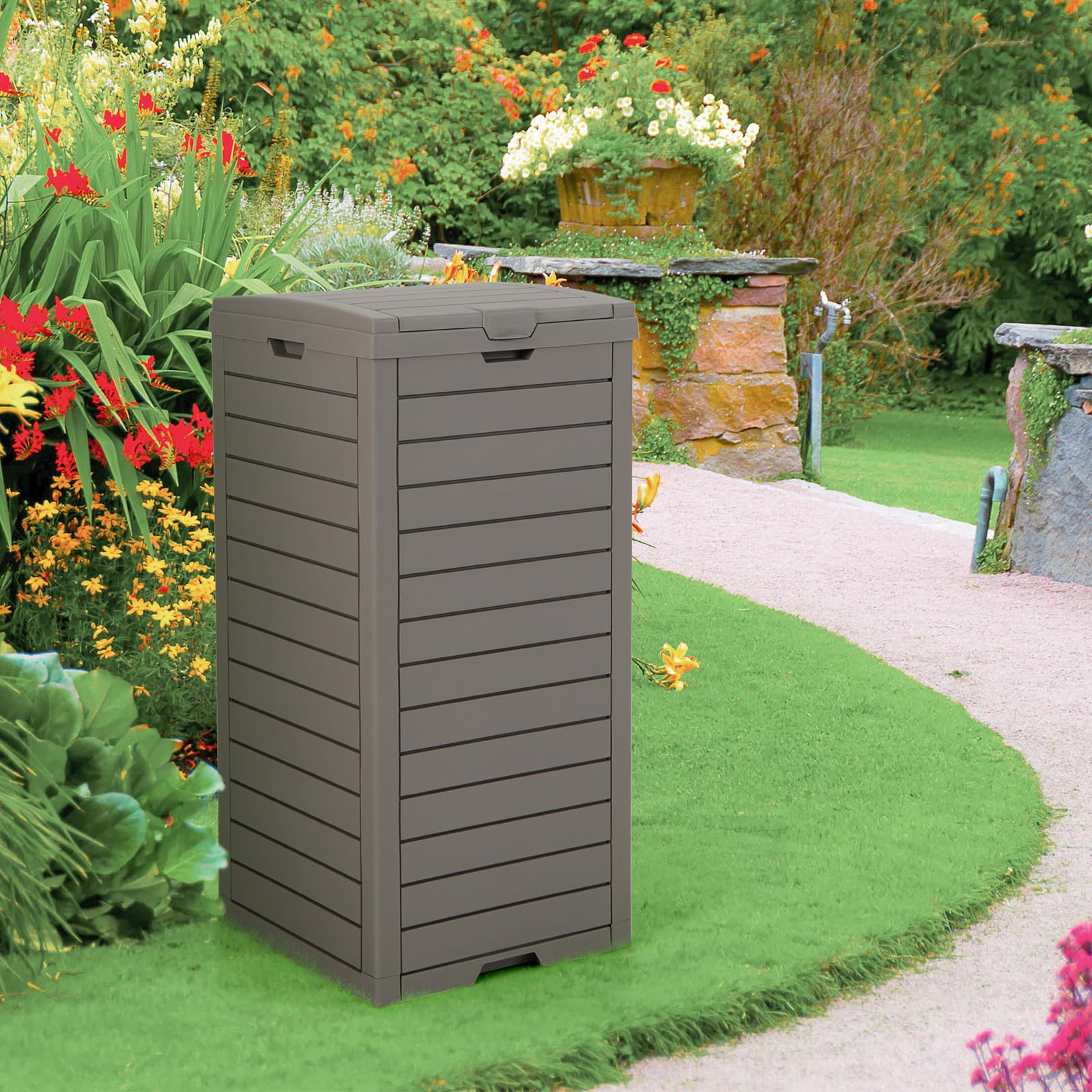 Goplus 31 Gallon Outdoor Trash Can with Lid - 2 Pack Large Waterproof Resin Garbage Bin w/Drip Tray & Fits 33-40 Gallon Trash Bags - Perfect for Patio, Porch, Backyard, Deck & Poolside Use