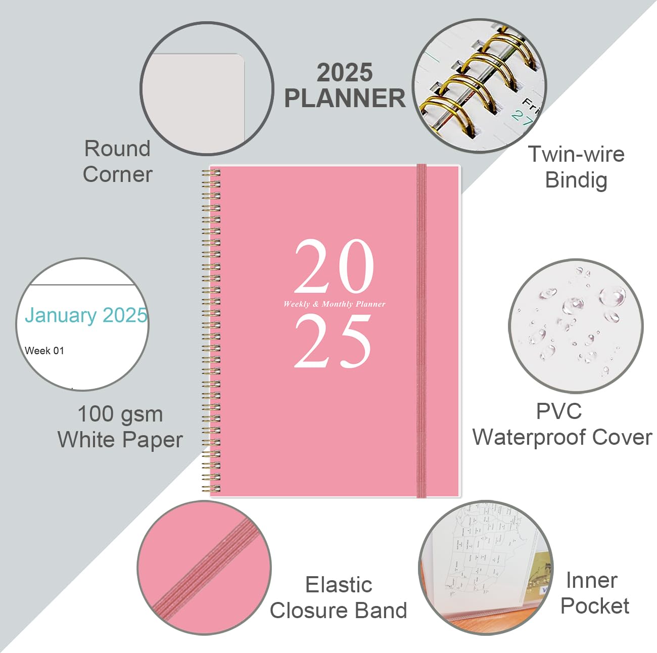 2025 Weekly & Monthly Planner Spiral Bound - January to December 2025 with Tabs, Inner Pocket, 8.5
