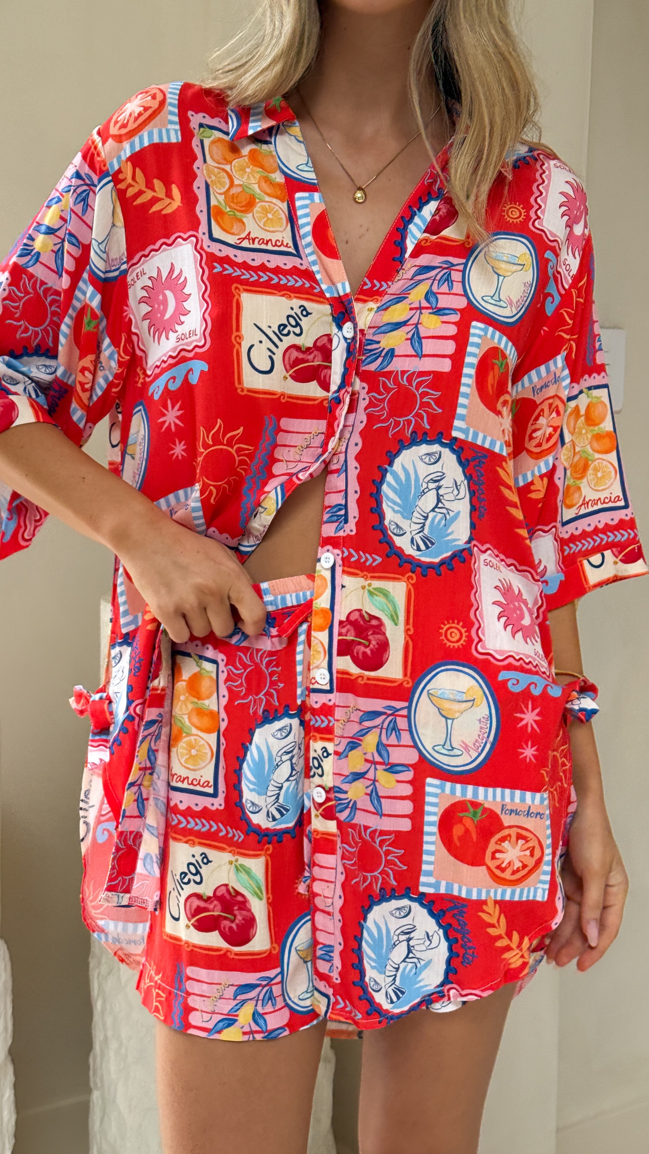 Aria Button Up Shirt and Short Set - Travel Tales Red | Stylish Summer Outfit for Women | Perfect for Travel, Beach & Casual Wear