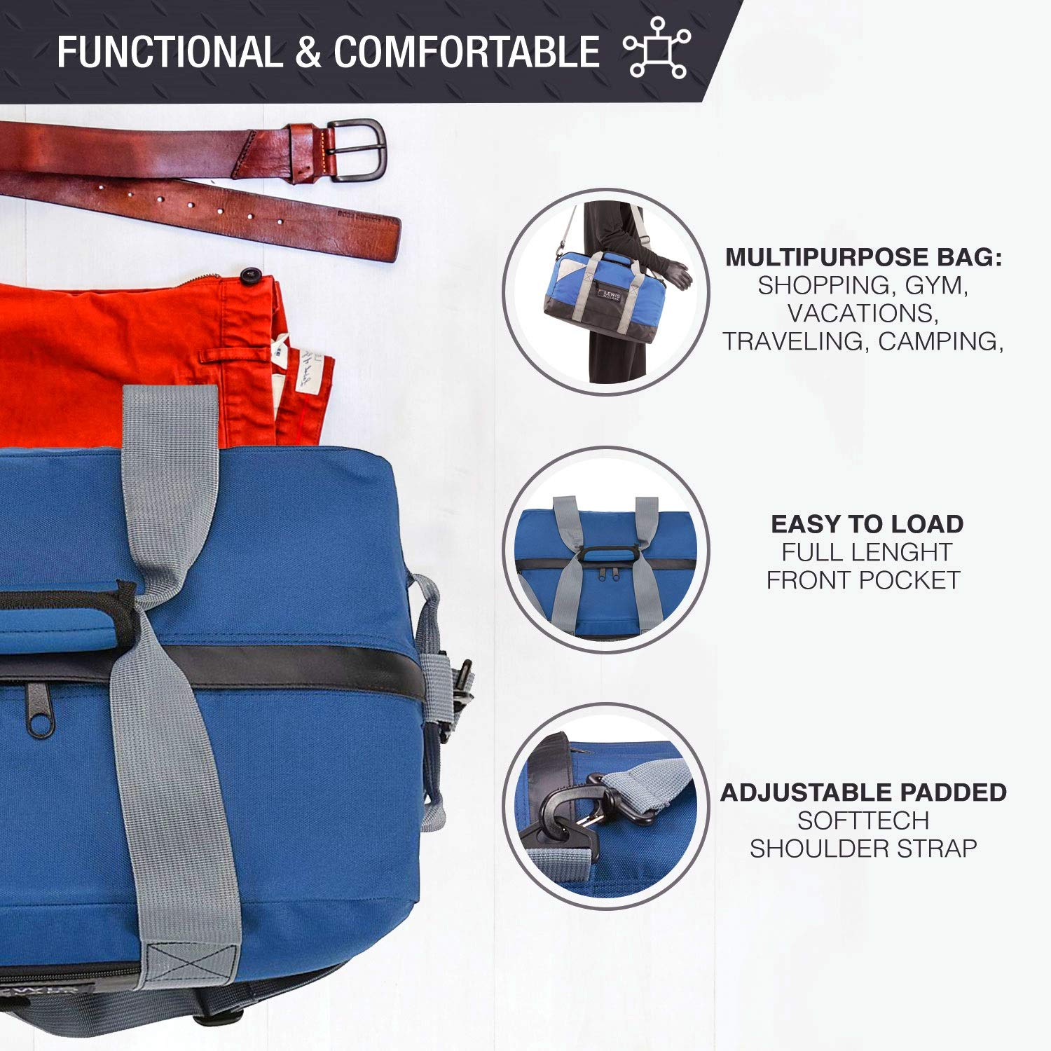 Lewis N. Clark Heavy Duty Large Duffel Bag for Women & Men - 24in Carry On Gym Bag, Travel Backpack Alternative with Neoprene Gear Bag - Perfect for Gym, Sports, Travel & Weekend Getaways (Blue)