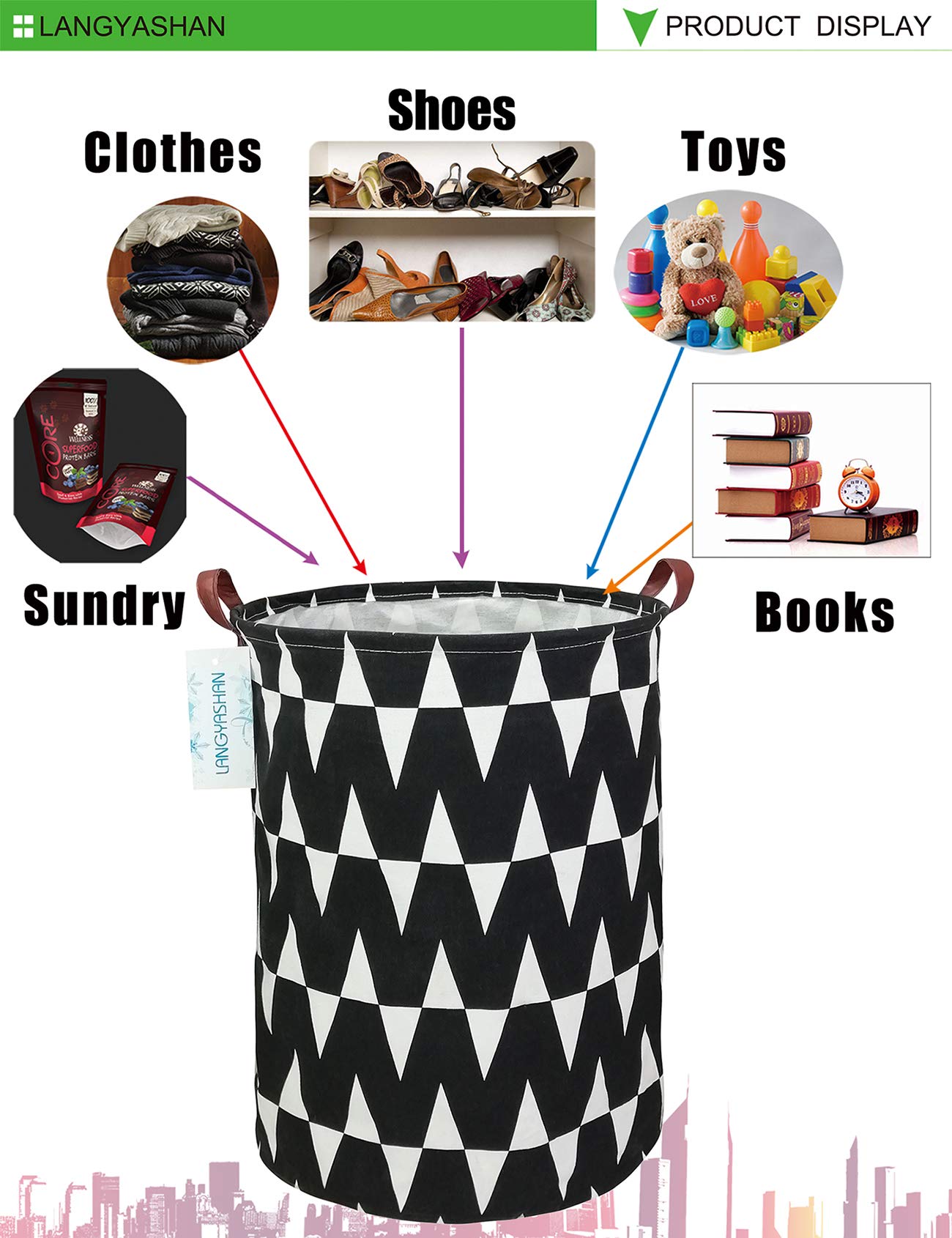 LANGYASHAN Collapsible Canvas Laundry Basket - Foldable Storage Bin for Clothes, Toys, and Organizing - Perfect for Bedroom, Nursery, Kids Room & Gift Giving (Black, Medium) - Space-Saving Home Organization Solution