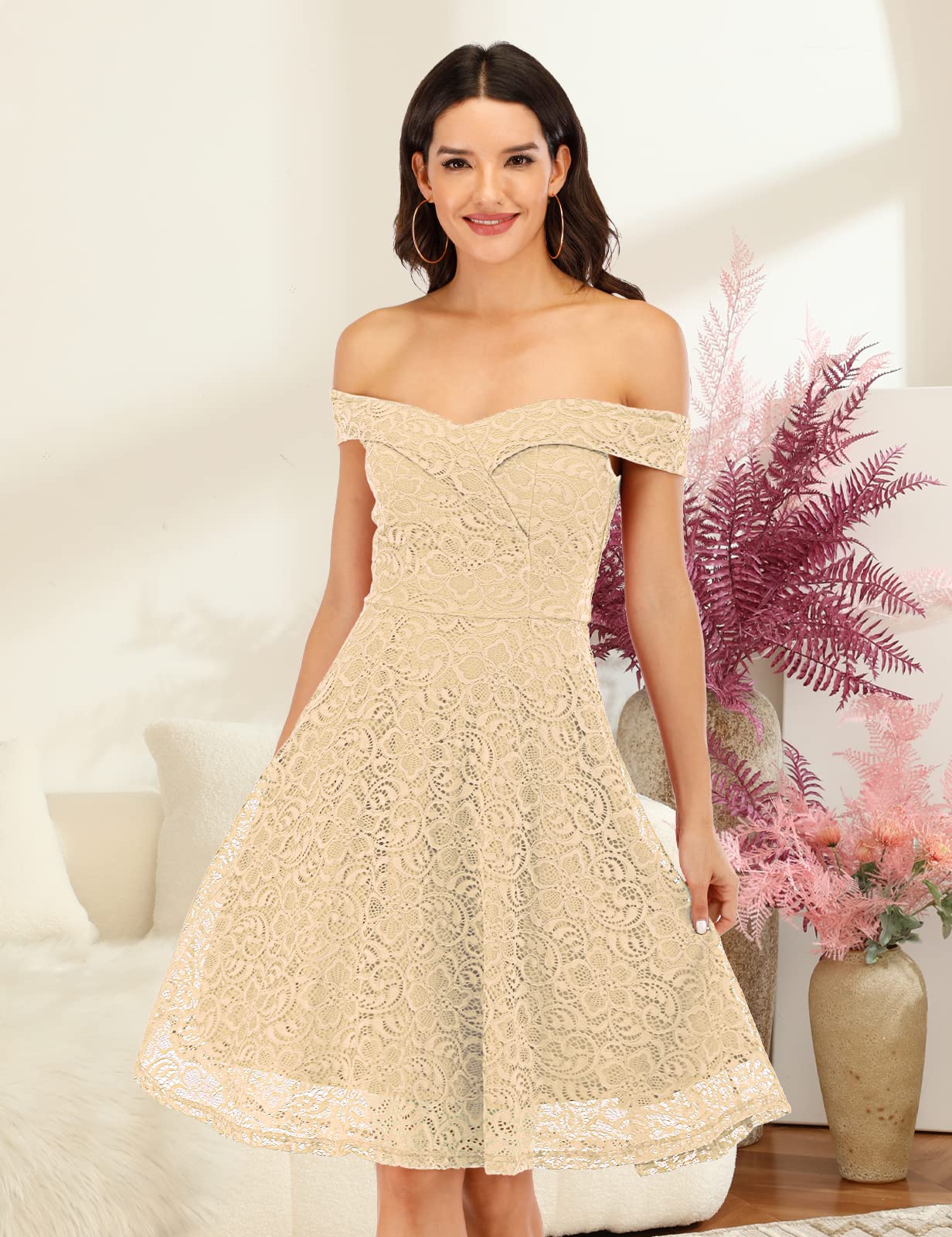 Elegant Floral Lace Off Shoulder High Low Hem Dress for Women - Perfect for Weddings, Cocktail Parties & Special Occasions