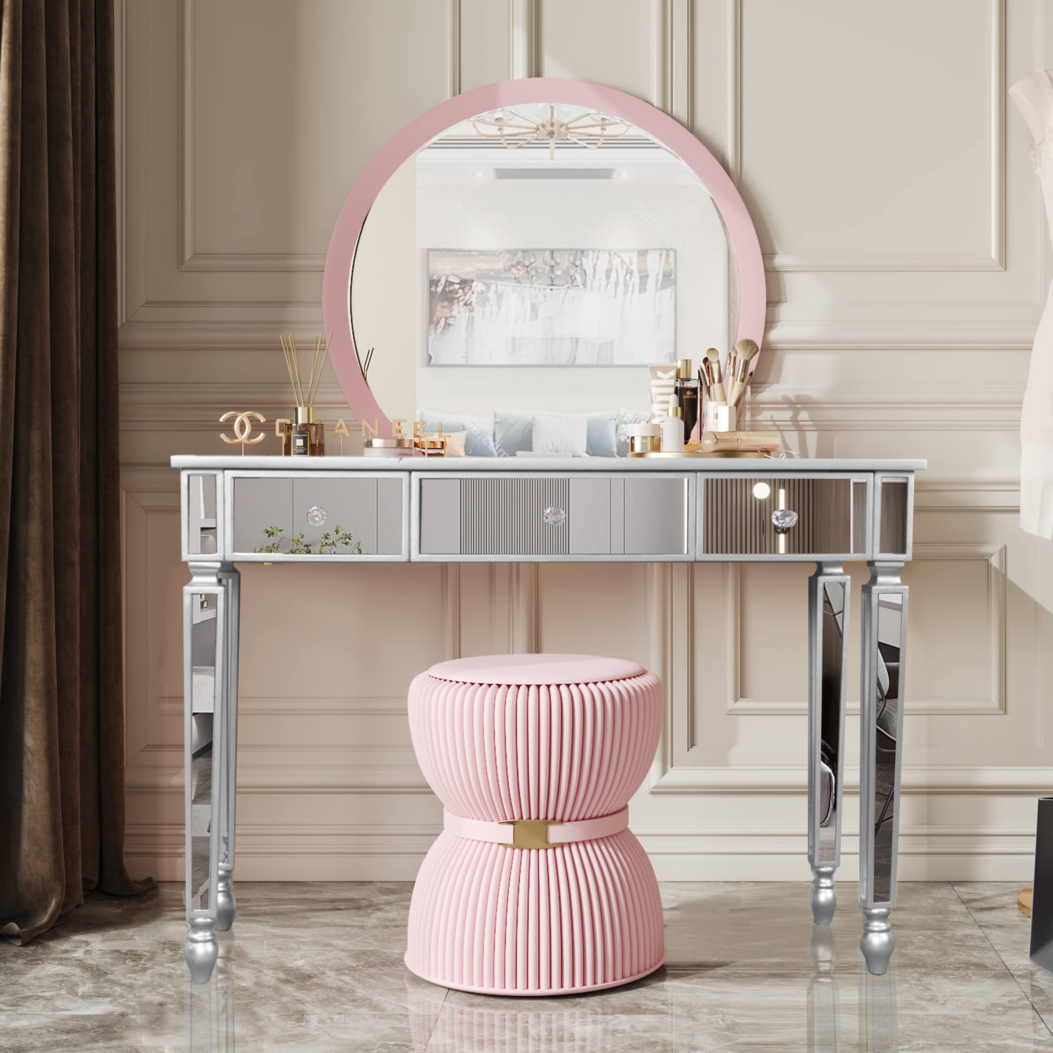 Mirrored Vanity Table with 3 Drawers - Silver Makeup Dressing Desk for Women & Girls, Entryway Console Table, Home Office Writing Desk - Perfect for Bedroom, Dorm, Living Room & Entryway Decor