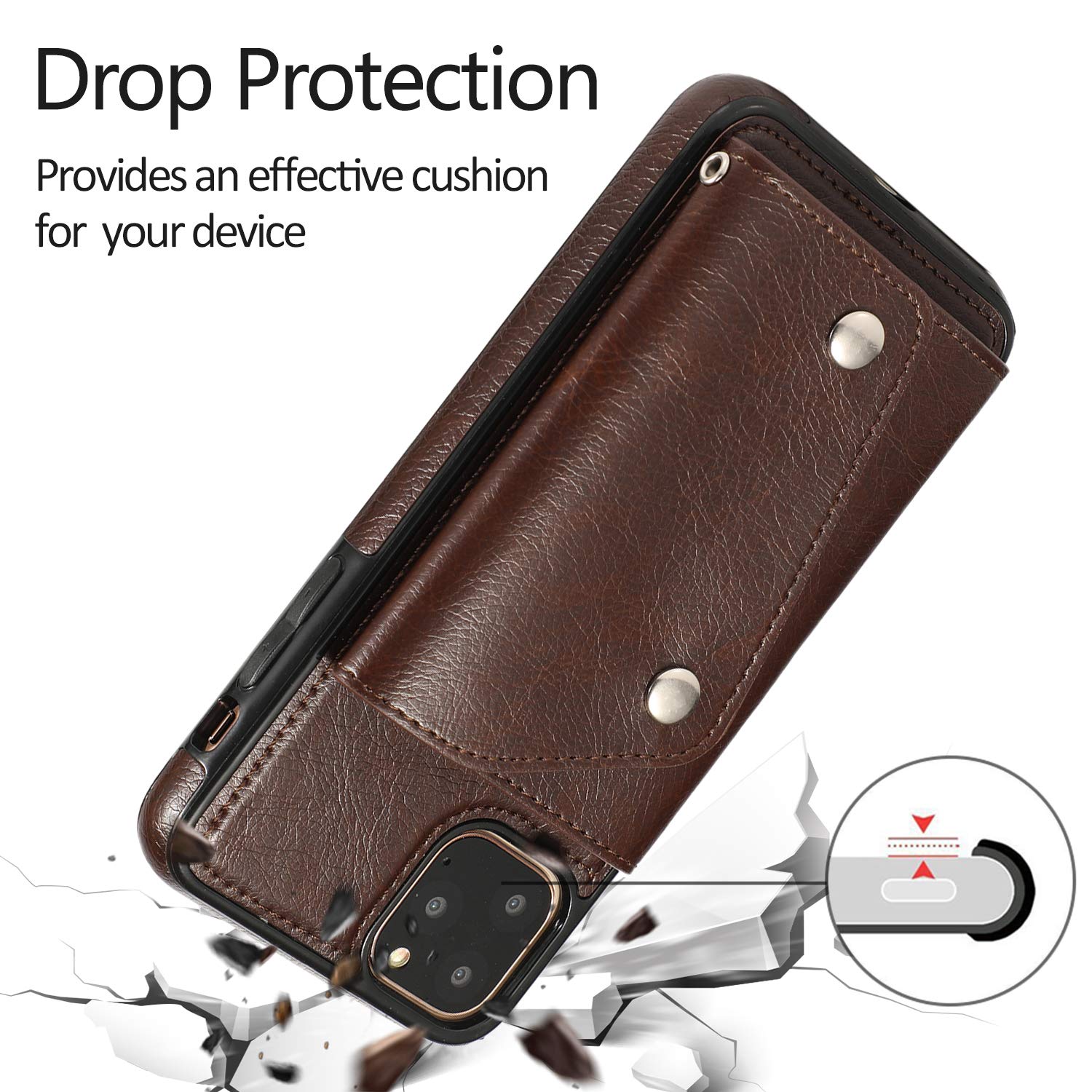 Premium PU Leather Wallet Case for iPhone 11 Pro Max - Card Holder with Neck Strap, Crossbody Chain & Wrist Strap | Protective Cover with Credit Card Slots (Brown) | Perfect for Travel, Shopping & Everyday Use
