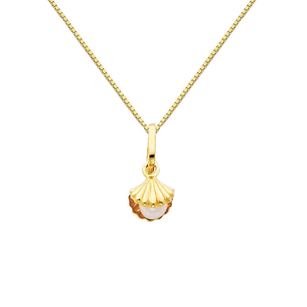 14K Yellow Gold Freshwater Cultured Pearl Shell Pendant Necklace with 0.65mm Box Chain - Elegant Jewelry Gift for Women, Perfect for Weddings, Anniversaries & Special Occasions