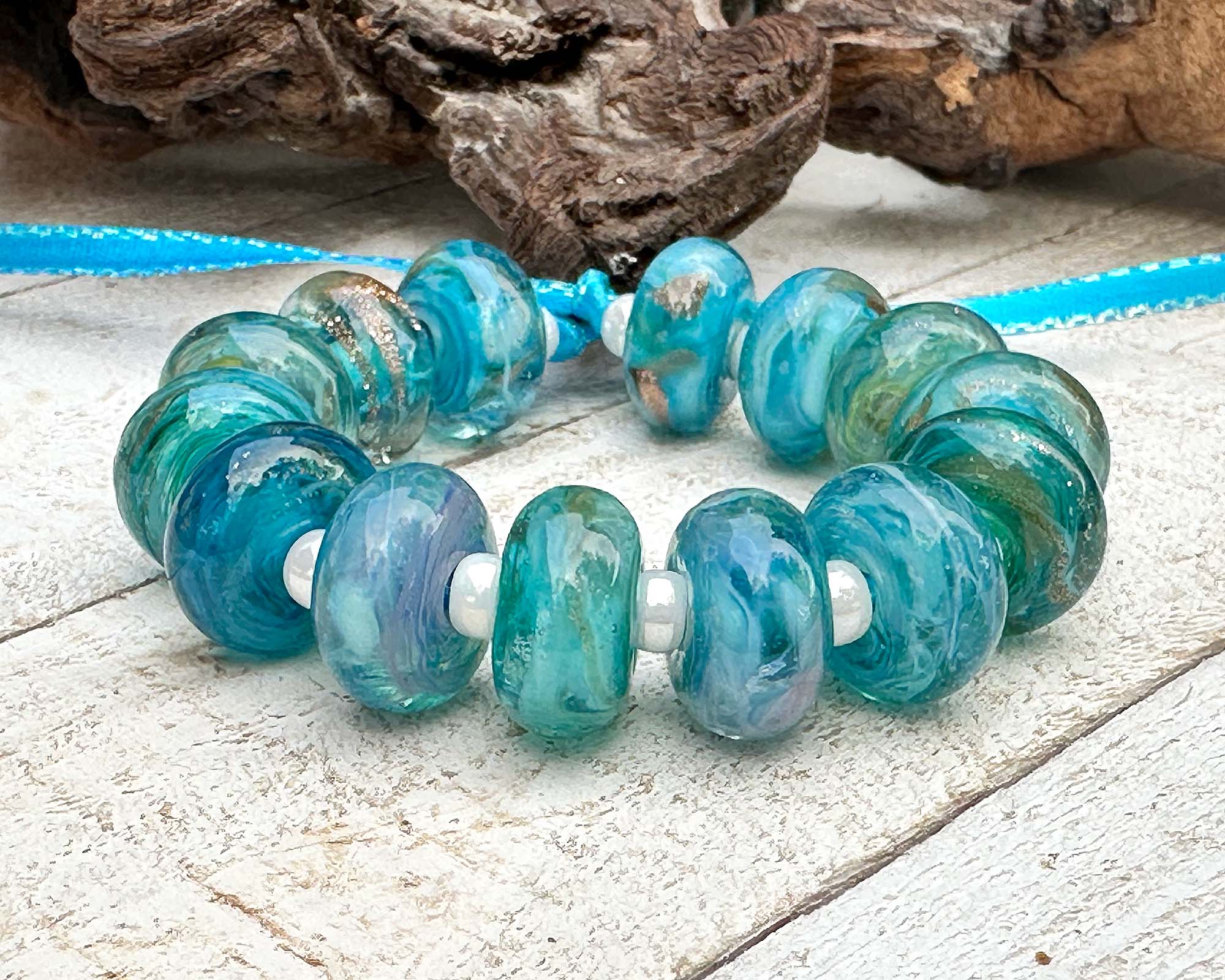 14pcs Aqua Sea Glass Lampwork Beads Set - Handmade Glass Beads for Jewelry Making, DIY Crafts, Necklaces & Bracelets - Perfect for Beach Wedding Decor & Boho Style Accessories