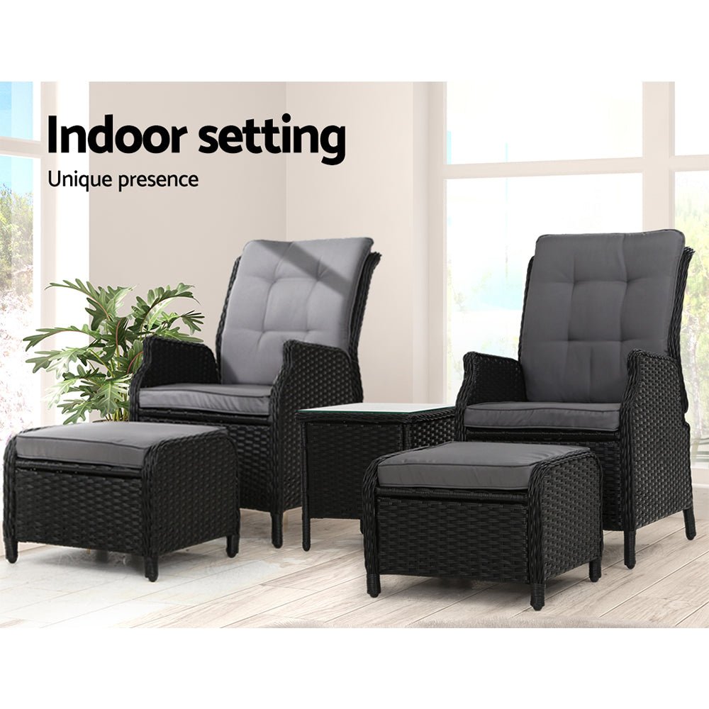 5-Piece Ella Outdoor Recliner Chair Set with Ottoman and Table - Black Patio Furniture for Backyard, Poolside & Garden Relaxation