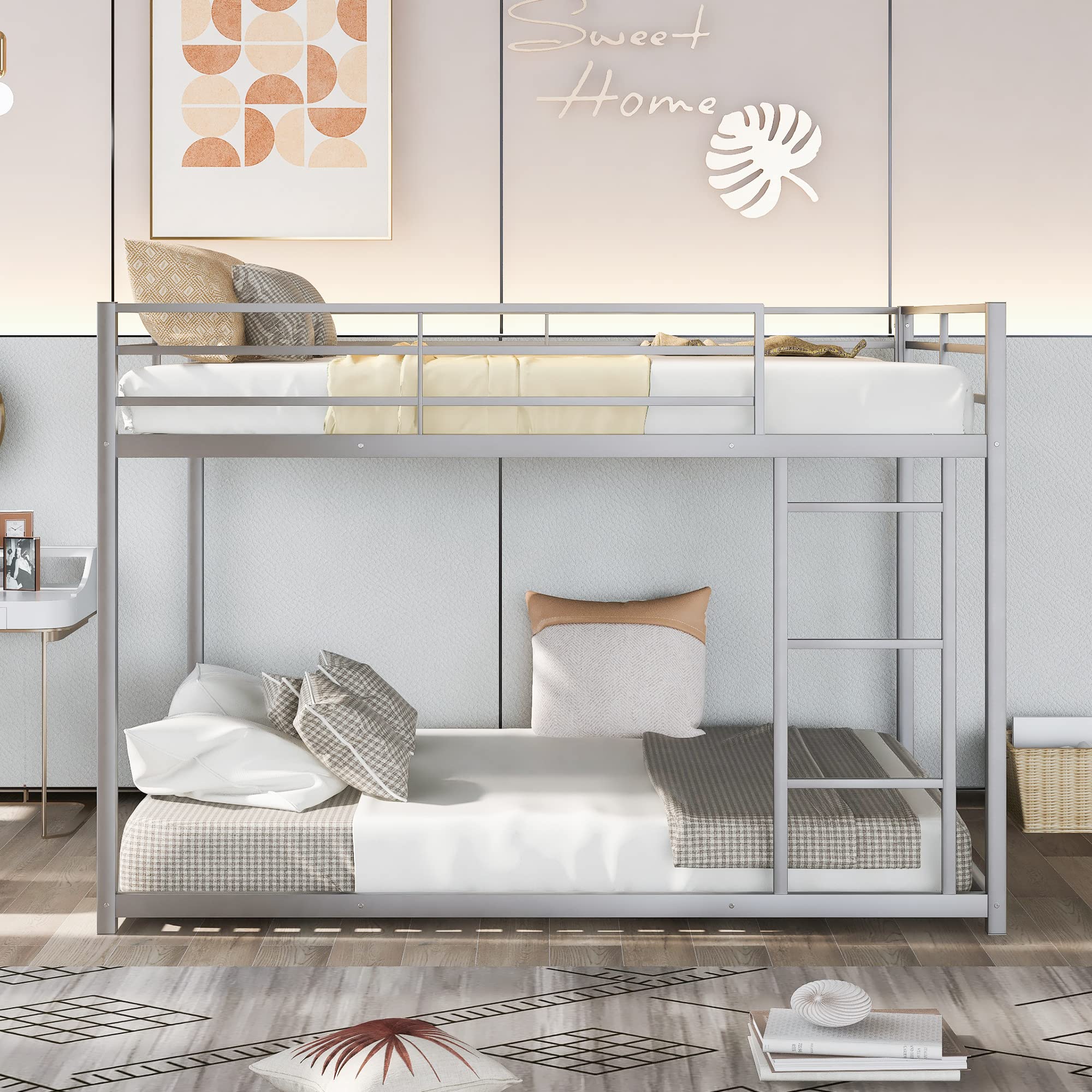 Full Over Full Metal Bunk Bed - Heavy Duty Low Profile Bunk Bed with Safety Guard Rails & Ladder for Kids, Teens & Adults - No Box Spring Needed (Silver) - Perfect for Small Bedrooms, Dorms & Guest Rooms