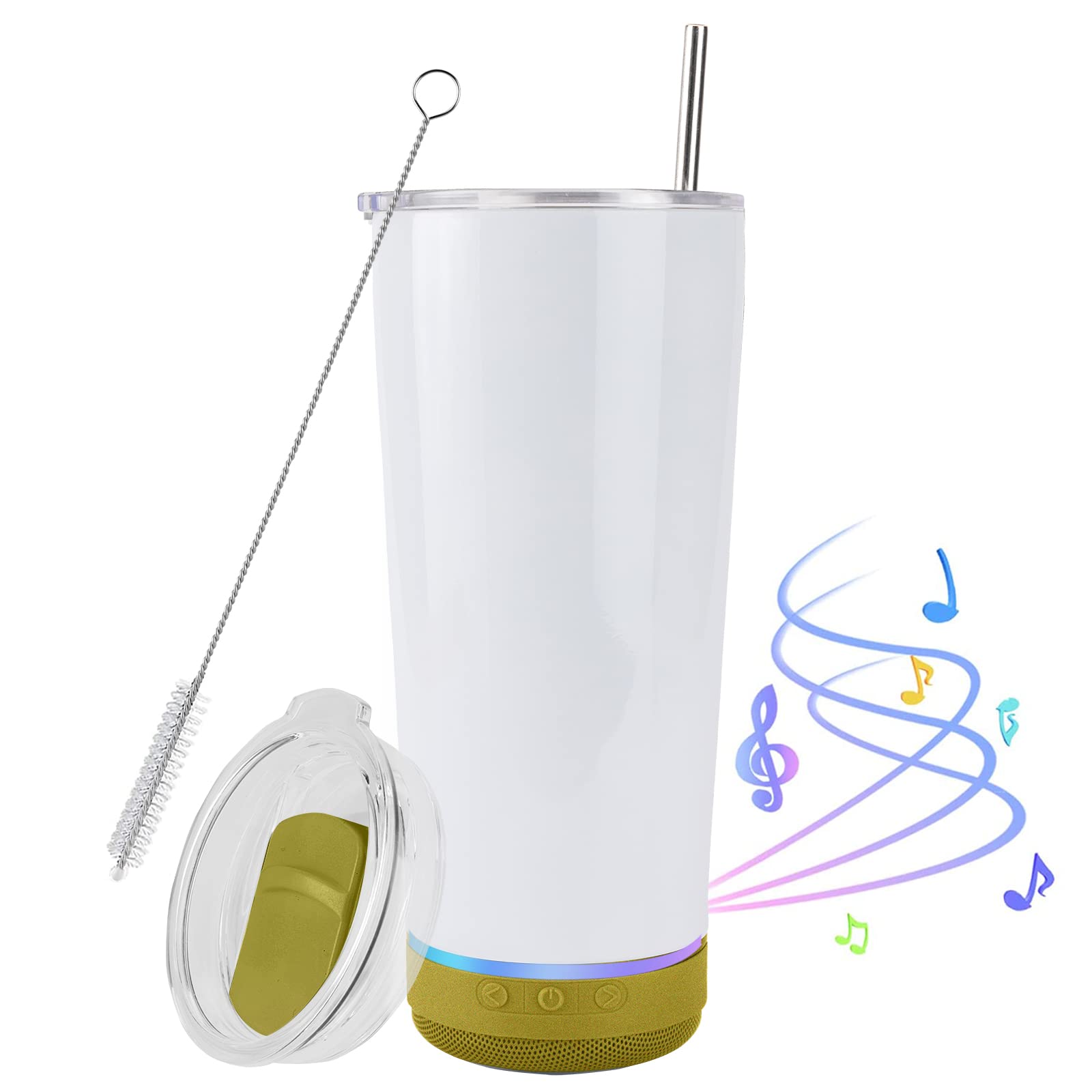 INSTOME 18oz Stainless Steel Speaker Tumbler with Bluetooth - Double Wall Vacuum Insulated Travel Mug with Straw & Slider Lid - Perfect for Gym, Office & Outdoor Activities (White Sublimation Ready)