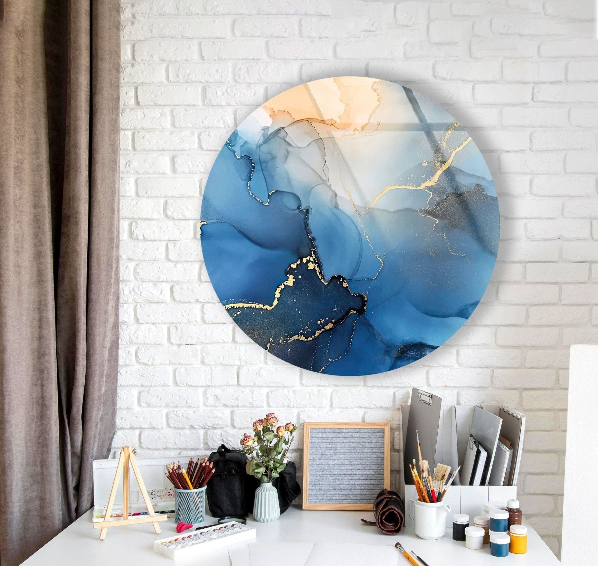 Abstract Round Blue Alcohol Ink Glass Wall Art - Handmade Modern Home Decor for Living Room, Bedroom & Office - Unique Gift Idea for Housewarming & Holidays